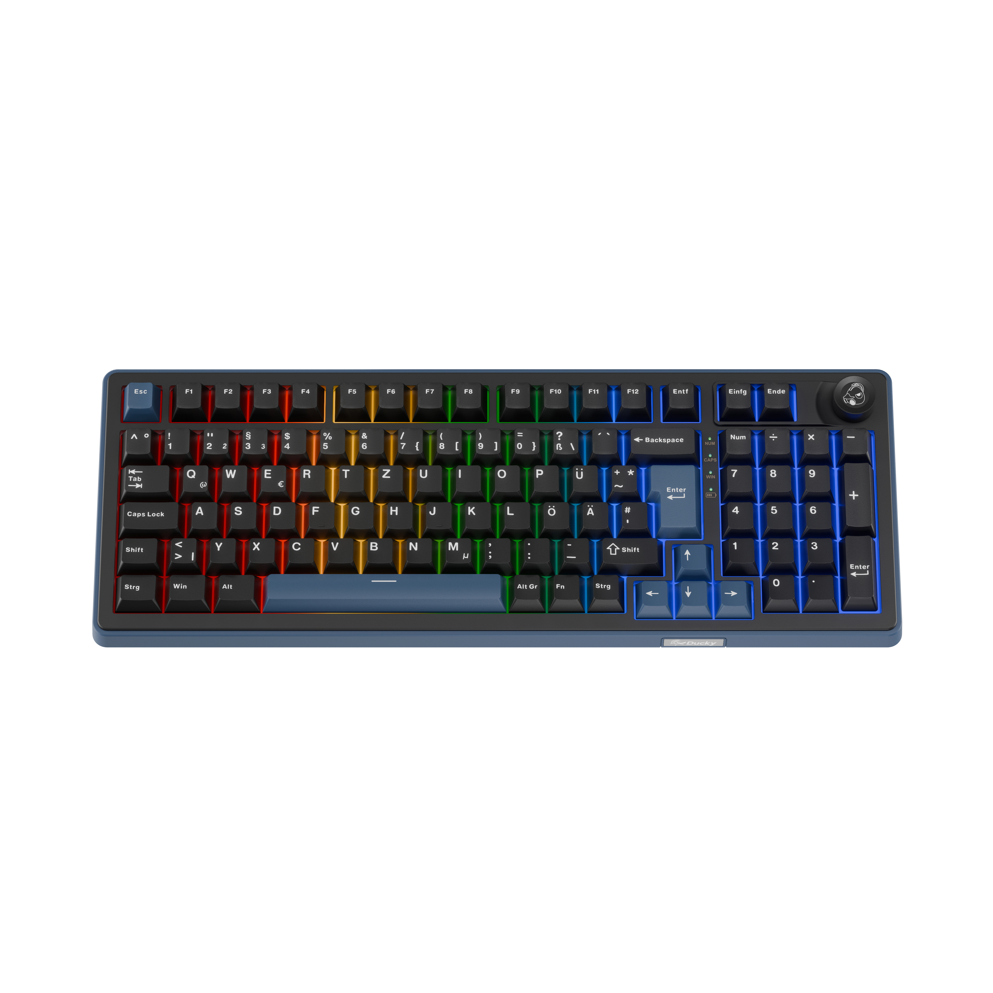 Eine schwarze mechanische Tastatur mit RGB-Hintergrundbeleuchtung und blauem Rahmen. Ducky-Logo.