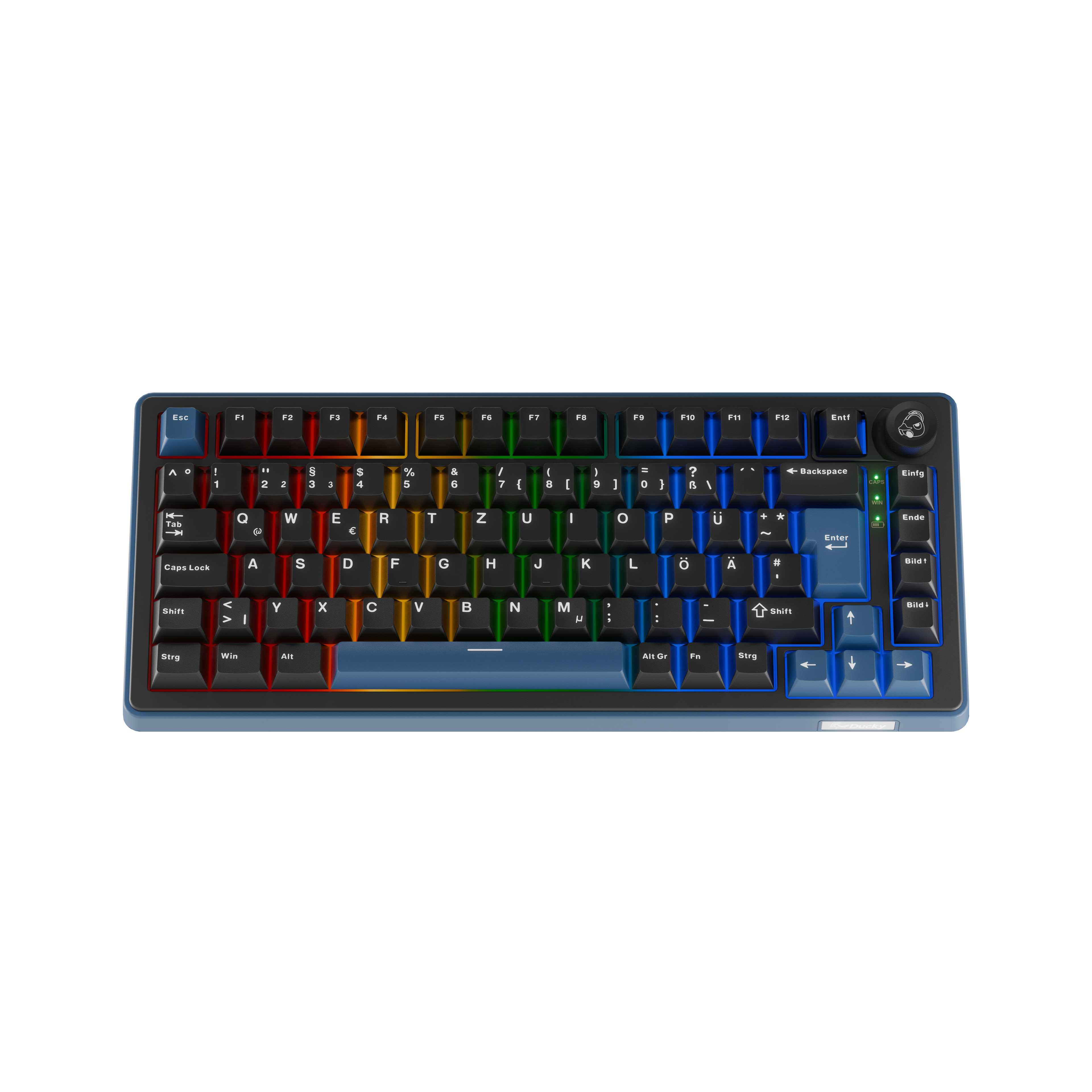 Eine mechanische Tastatur mit farbiger Hintergrundbeleuchtung und blauer Umrandung.