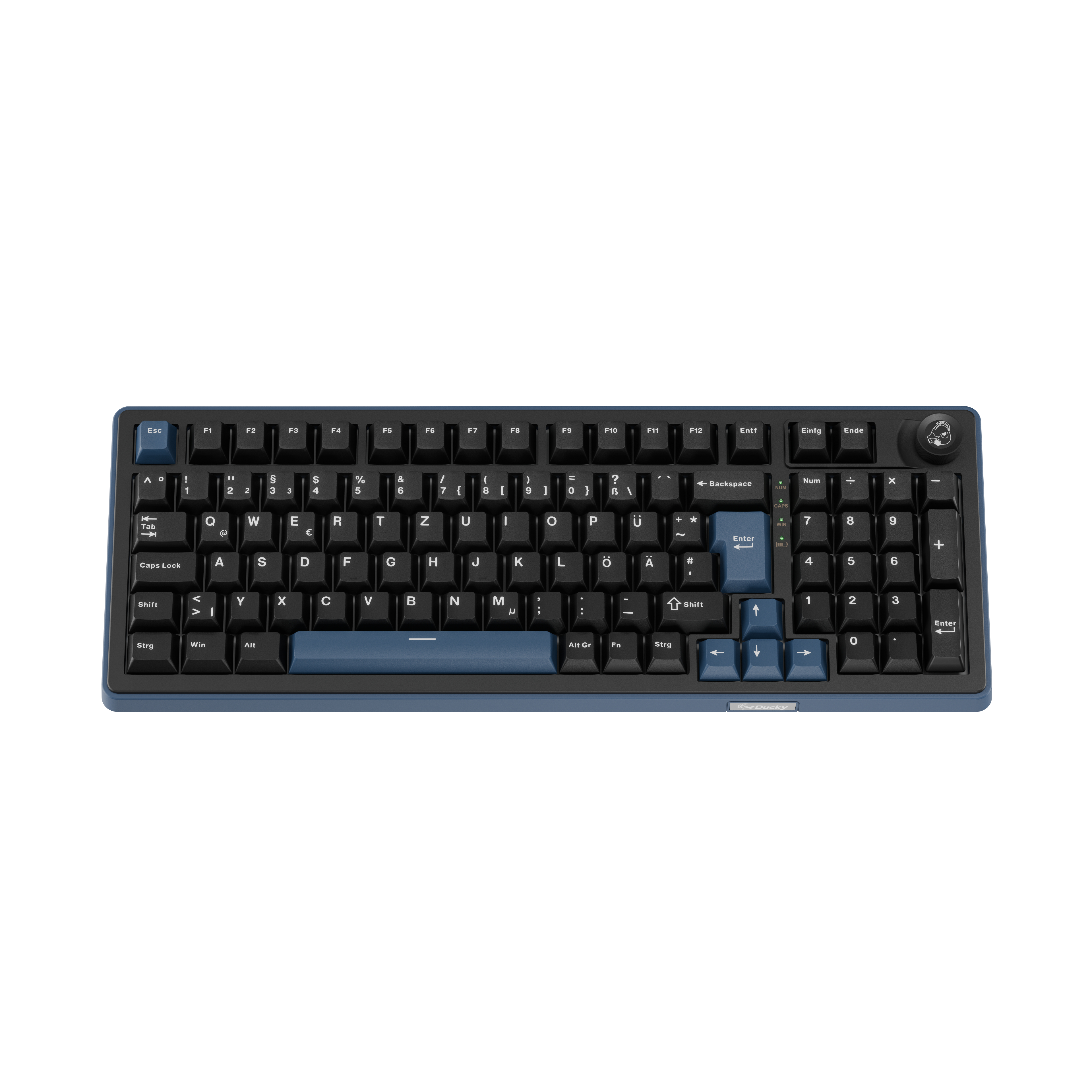 Eine blaue mechanische Tastatur mit schwarzen Tasten und einem Drehregler.