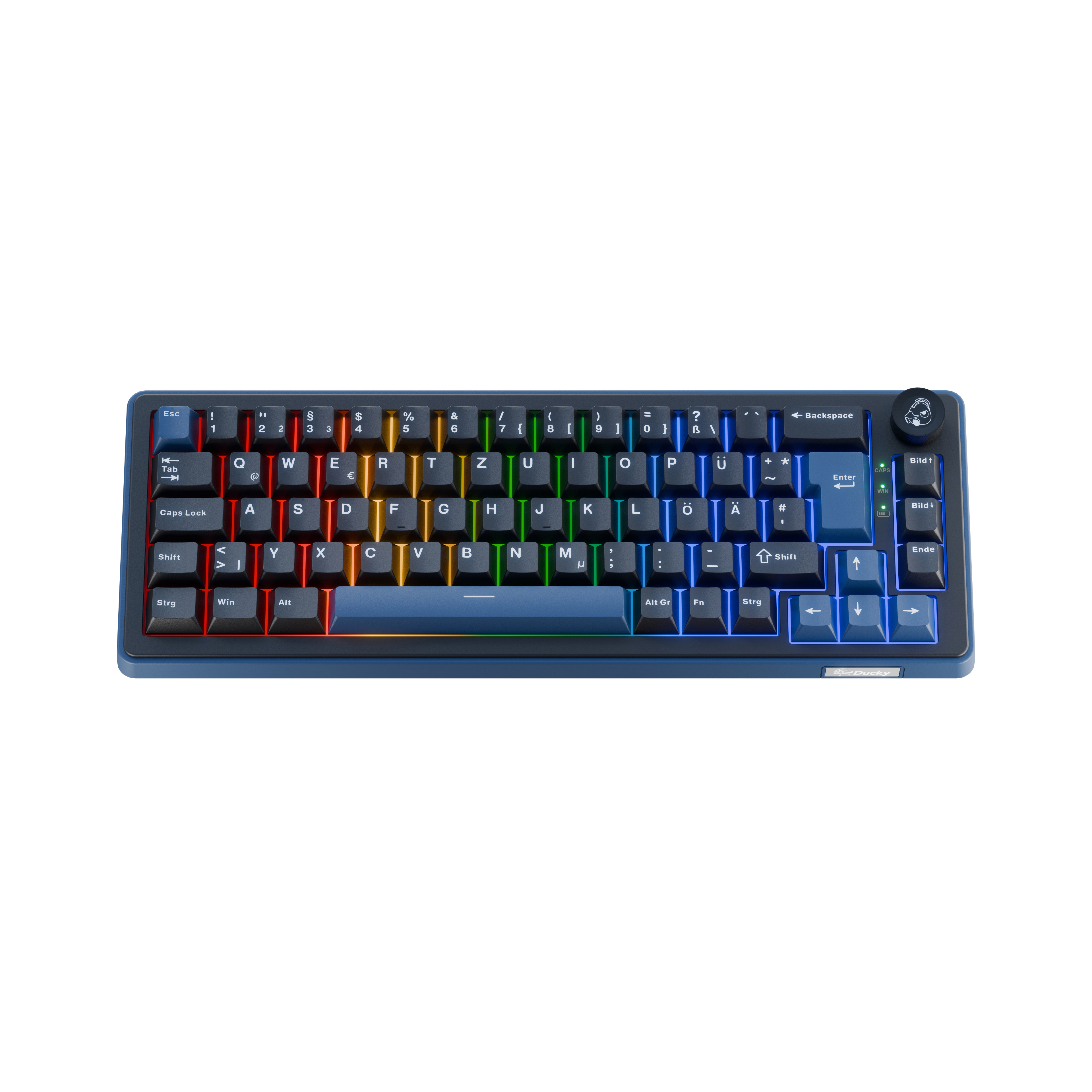 Eine dunkelblaue Tastatur mit RGB-Beleuchtung und deutschen Tastenbeschriftungen.