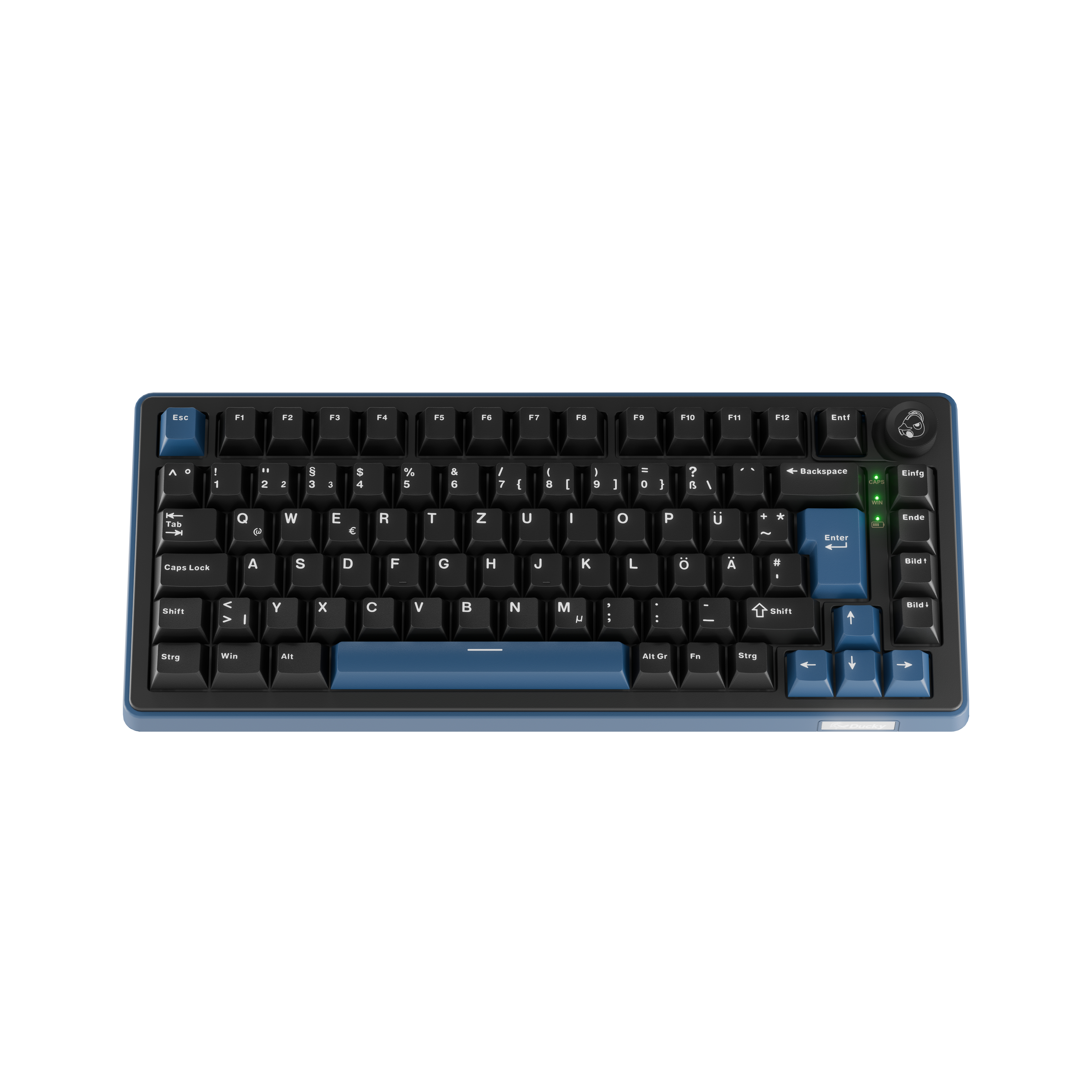 Eine schwarze Tastatur mit blauen Akzenttasten auf weißem Hintergrund.