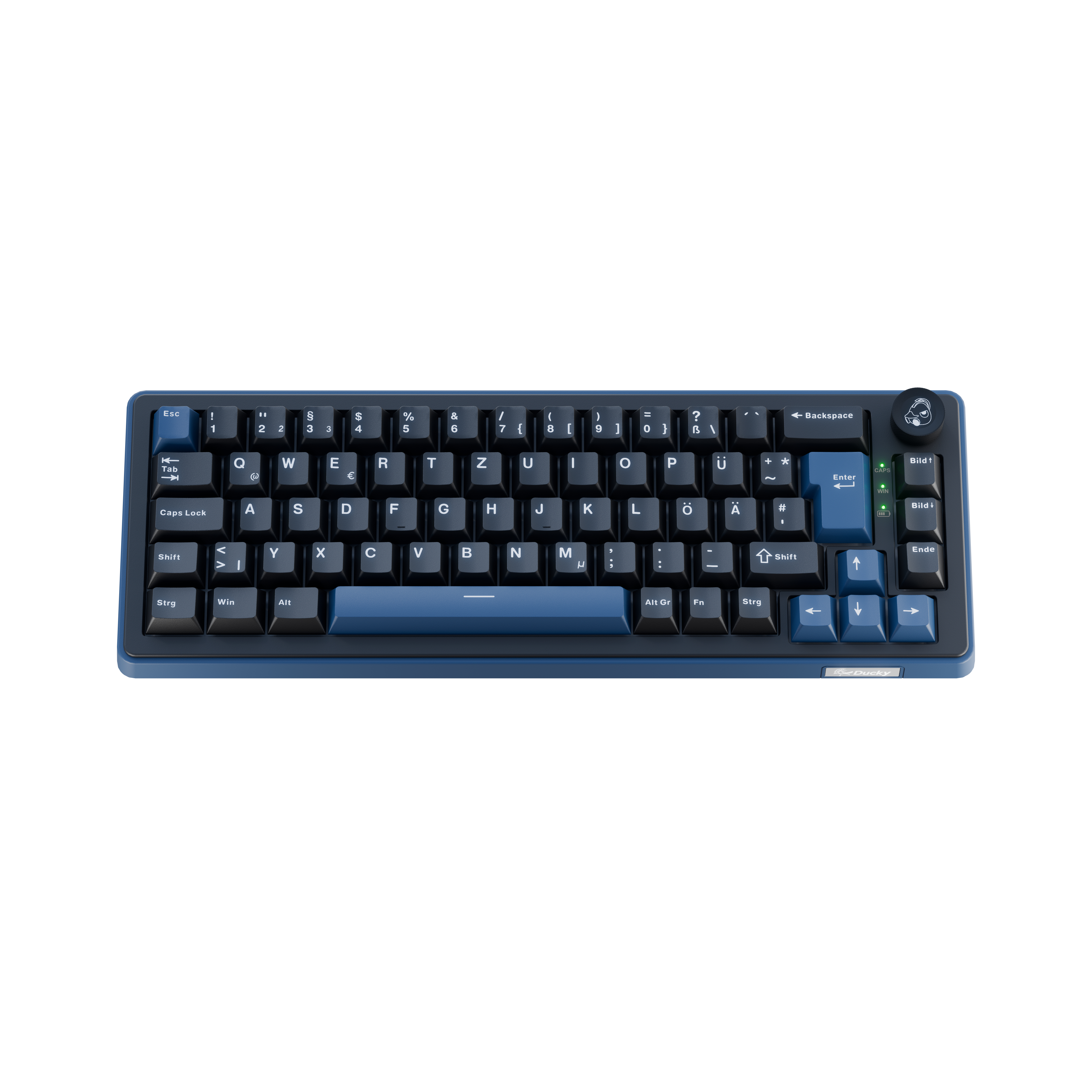 Eine dunkelblaue mechanische Tastatur mit schwarzen Tasten und blauen Akzenttasten.
