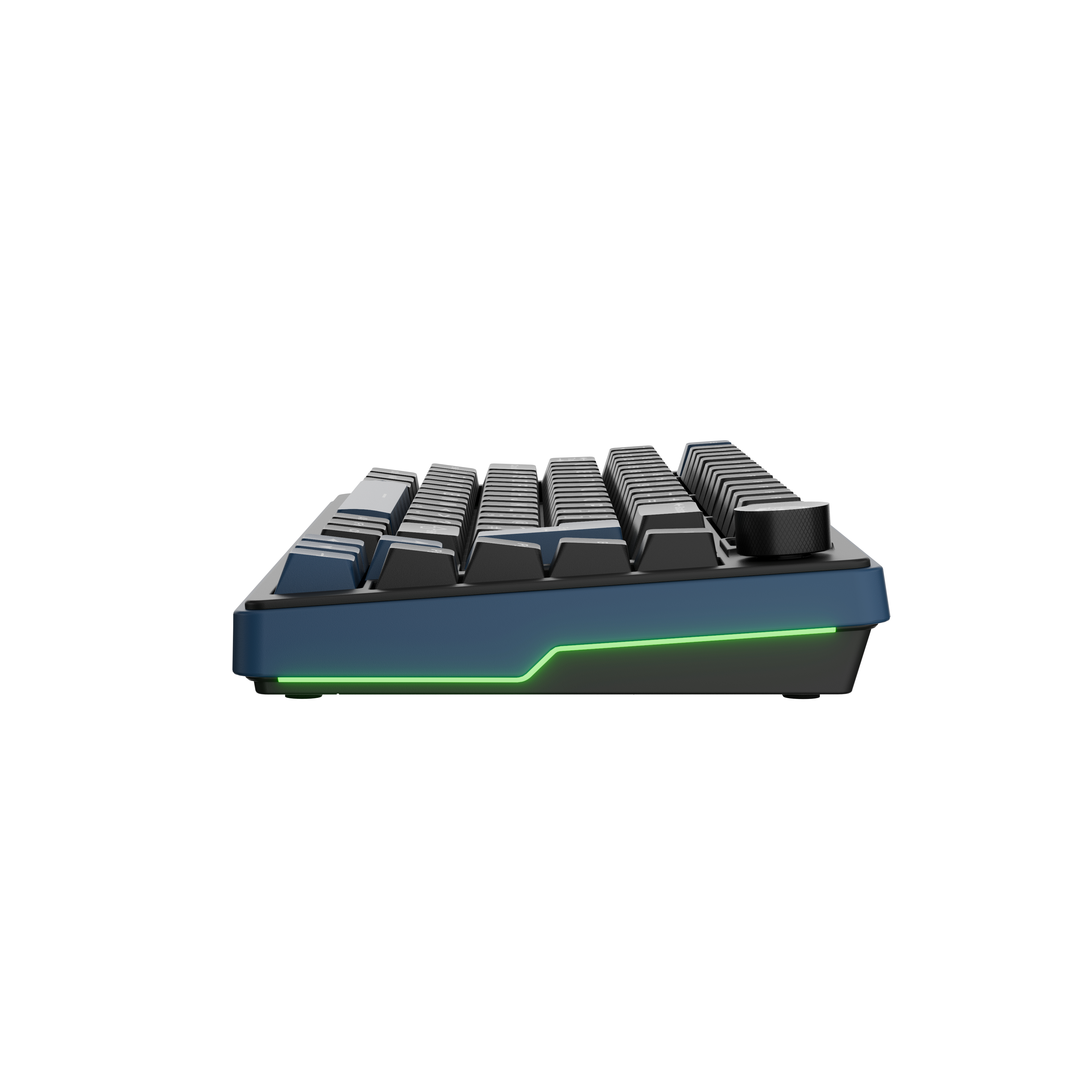 Eine blaue Tastatur mit leuchtenden grünen Akzenten auf weißem Hintergrund.