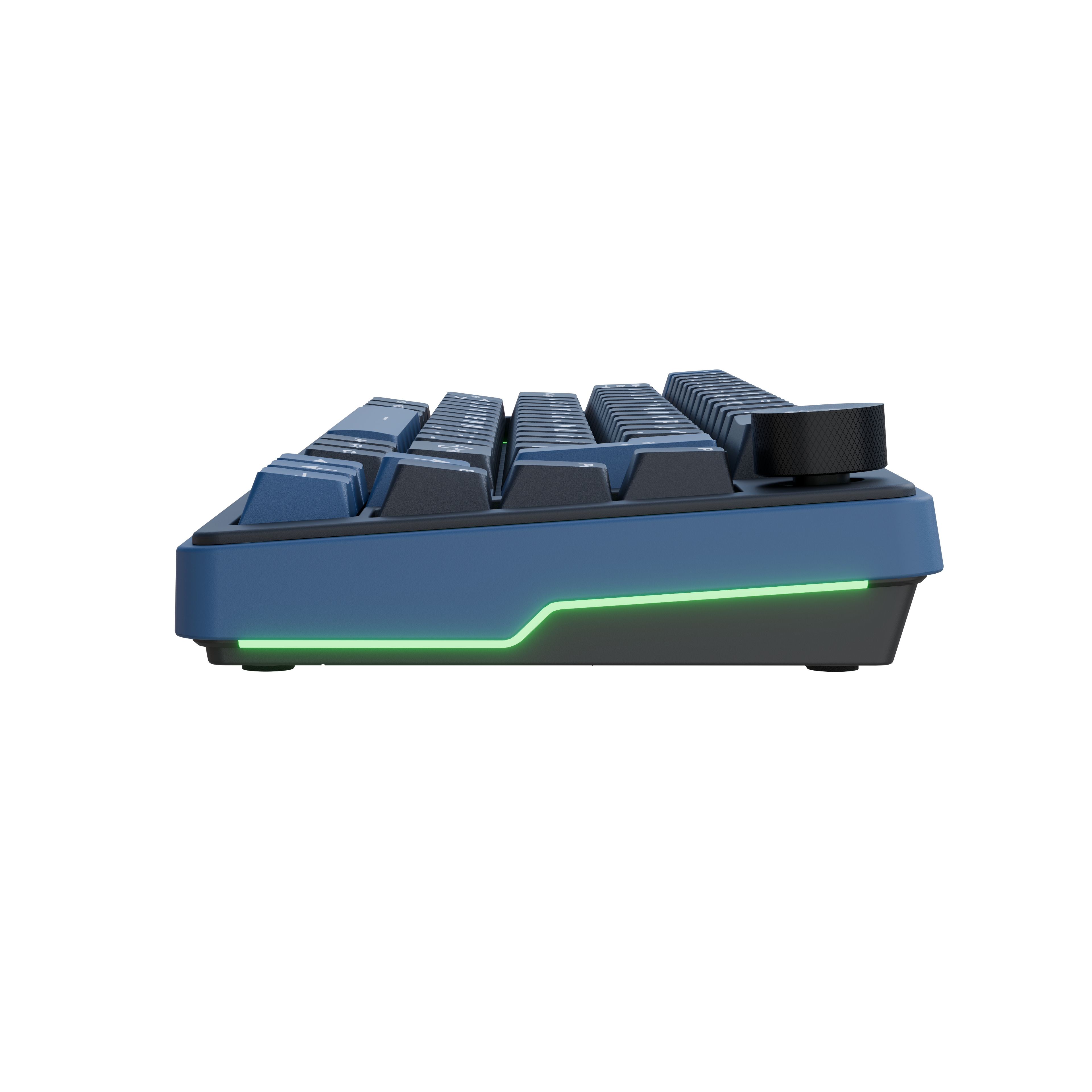 Eine blaue mechanische Tastatur mit schwarzem Drehregler und grüner Beleuchtung.