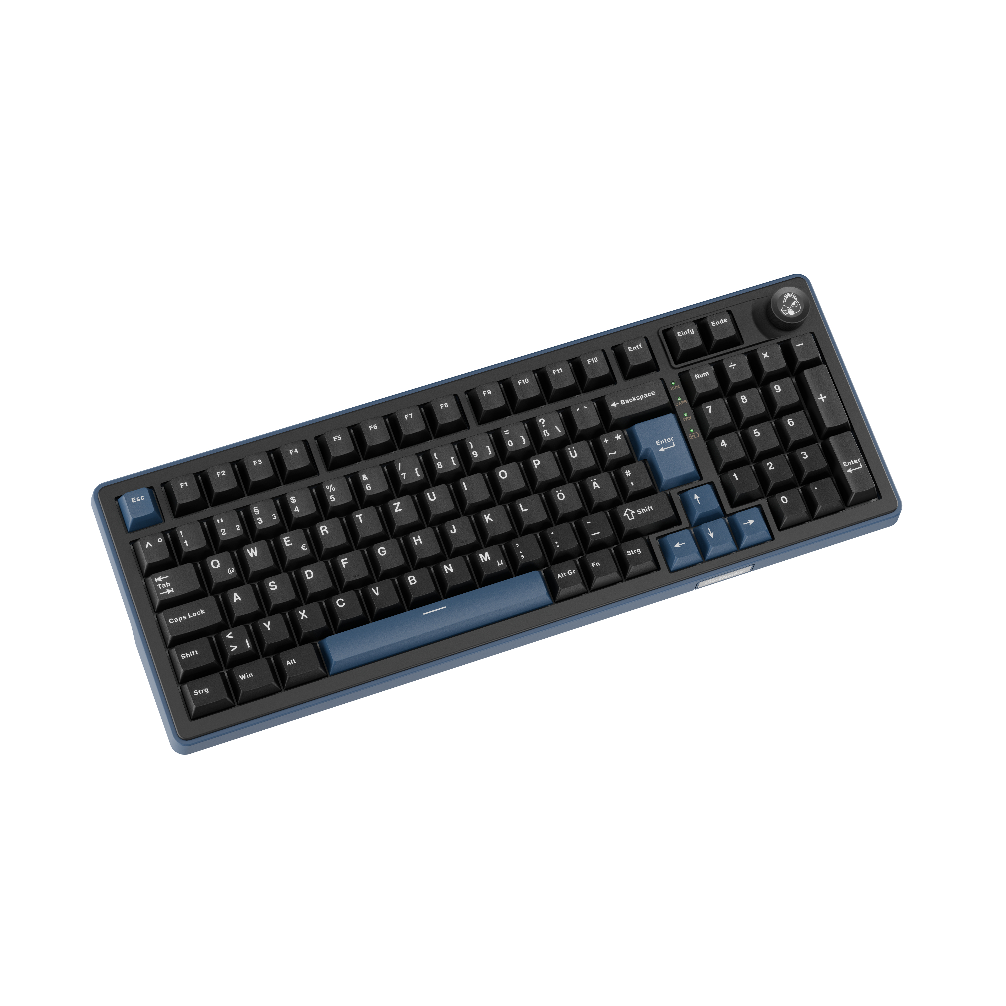 Eine schwarze Tastatur mit blauen Akzenttasten auf weißem Hintergrund.