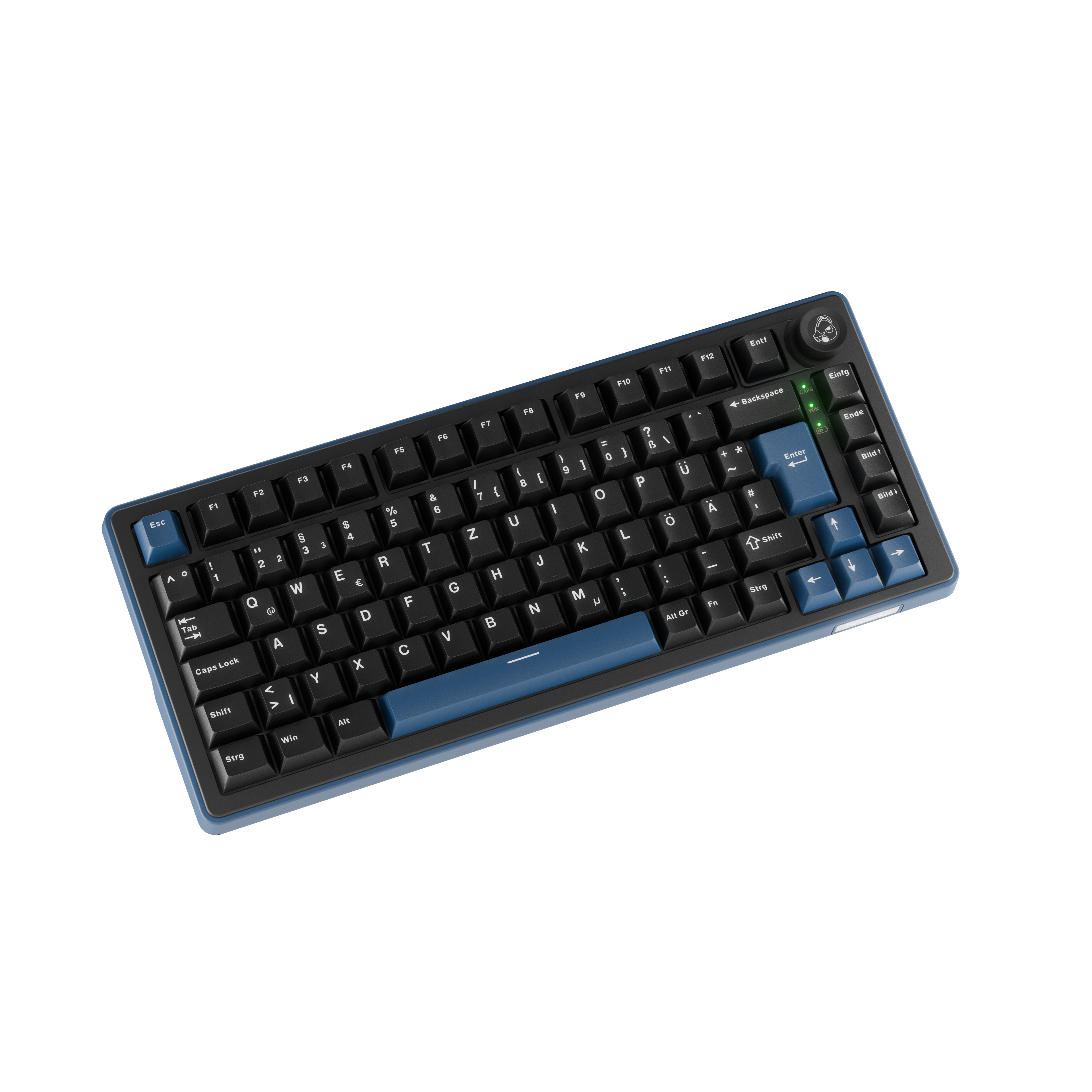 Eine blaue und schwarze Tastatur mit deutschen Tastenbeschriftungen auf weißem Hintergrund.
