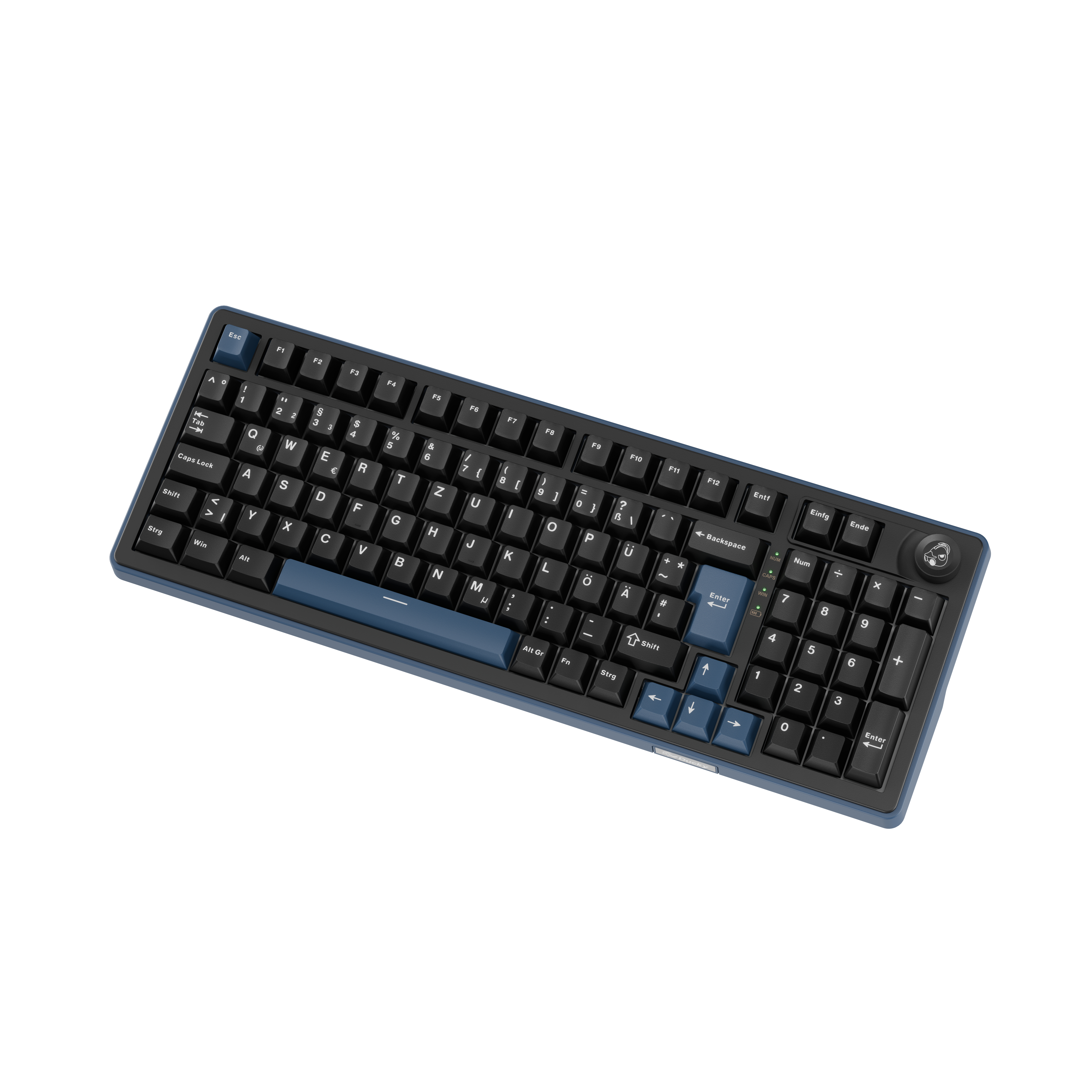 Eine schwarze Tastatur mit blauen Akzenttasten auf weißem Hintergrund.