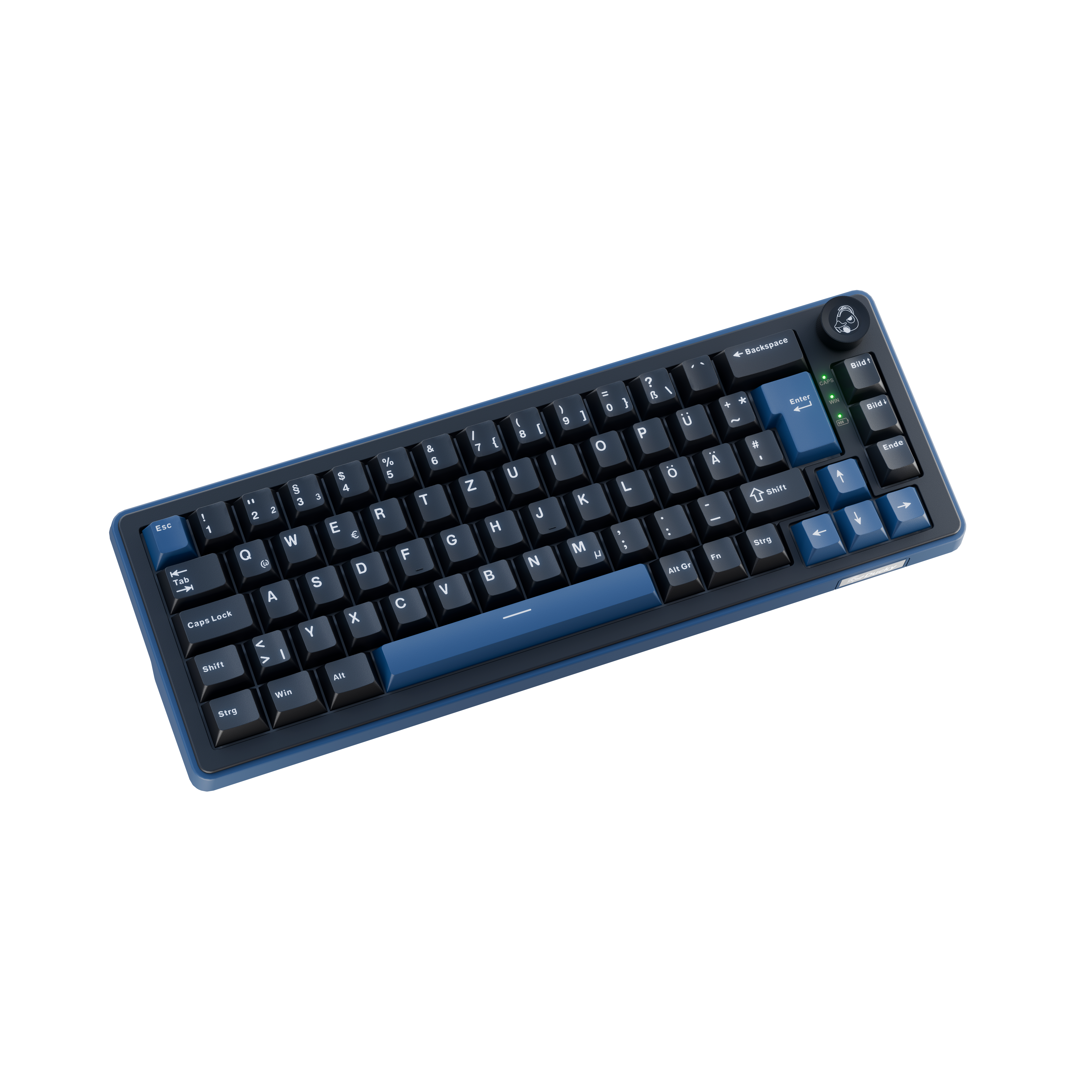 Ein dunkles, kompaktes mechanisches Keyboard mit blauen und schwarzen Tasten.