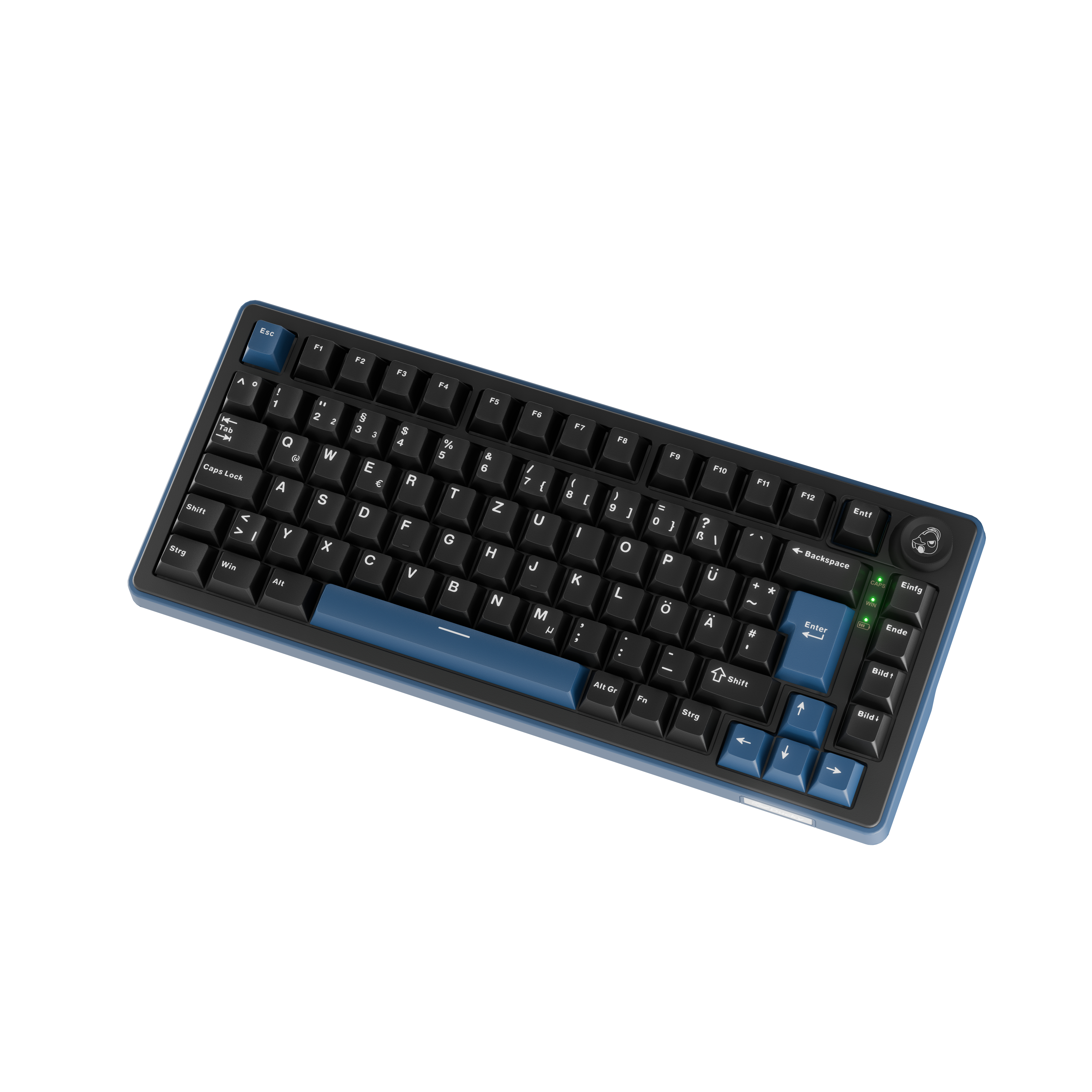 Eine blaue und schwarze Tastatur mit weißen Tastenbeschriftungen steht auf einem weißen Hintergrund.