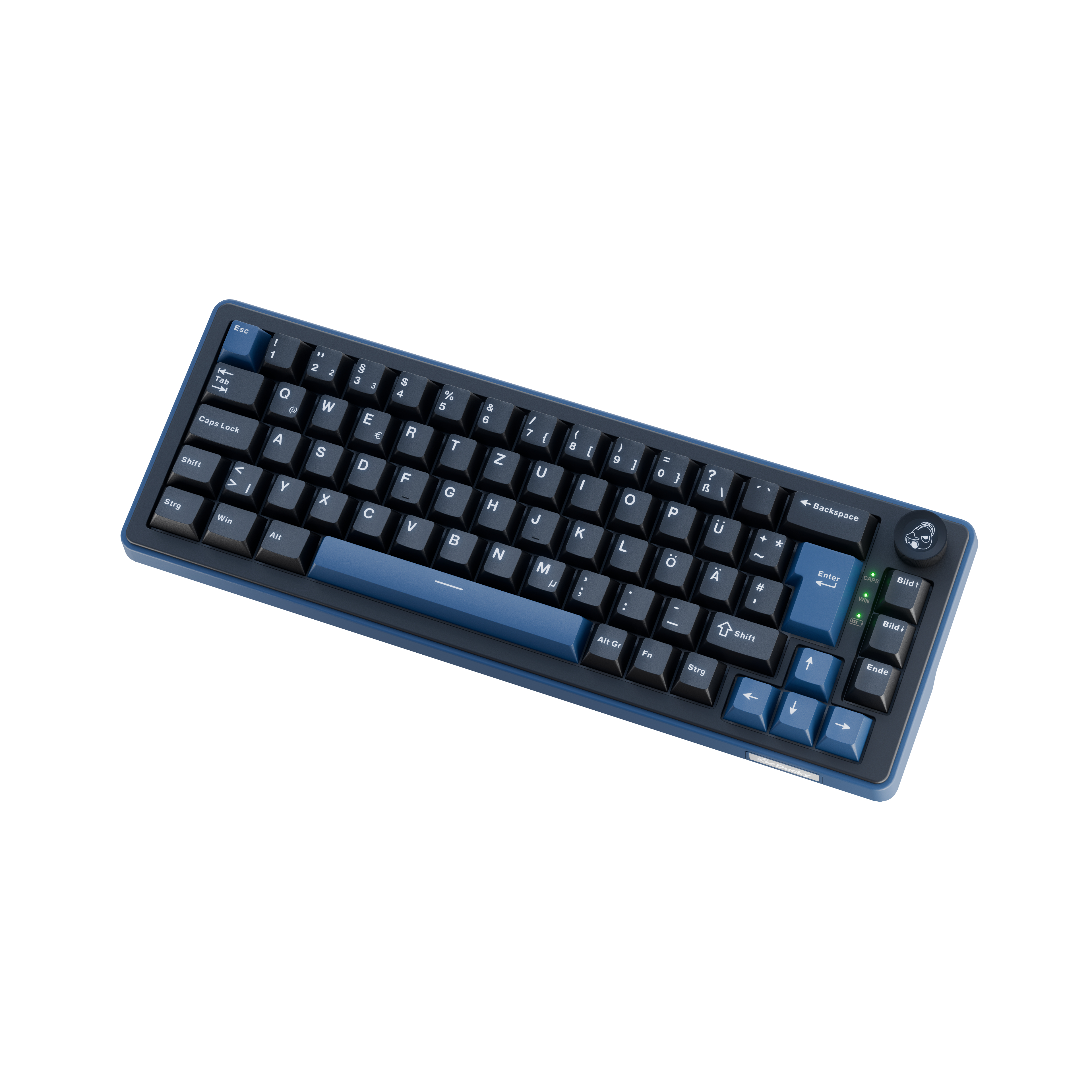 Eine dunkelblaue Tastatur mit schwarzen Tasten, auf weißem Hintergrund.