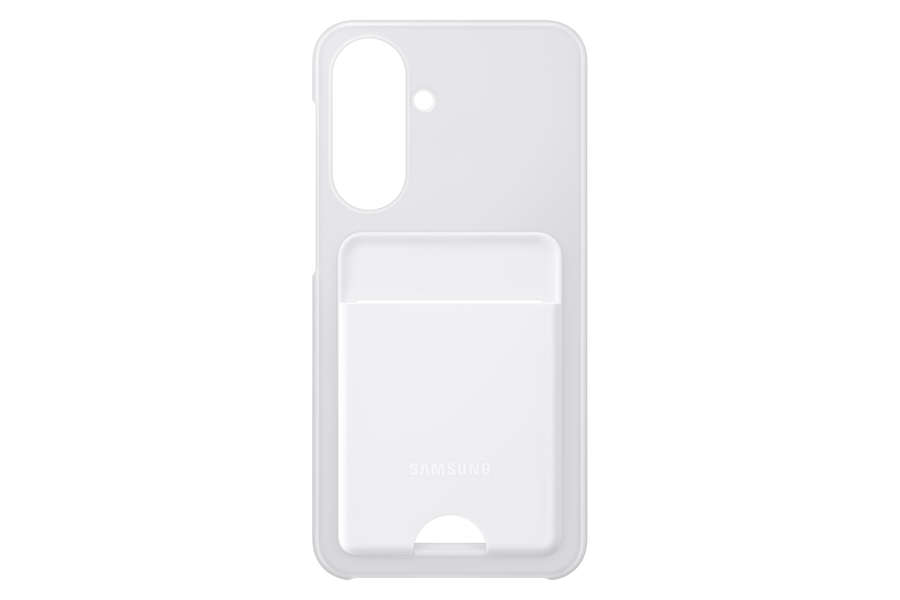Eine durchsichtige weiße Handyhülle mit Kartenschlitz und Samsung-Logo.