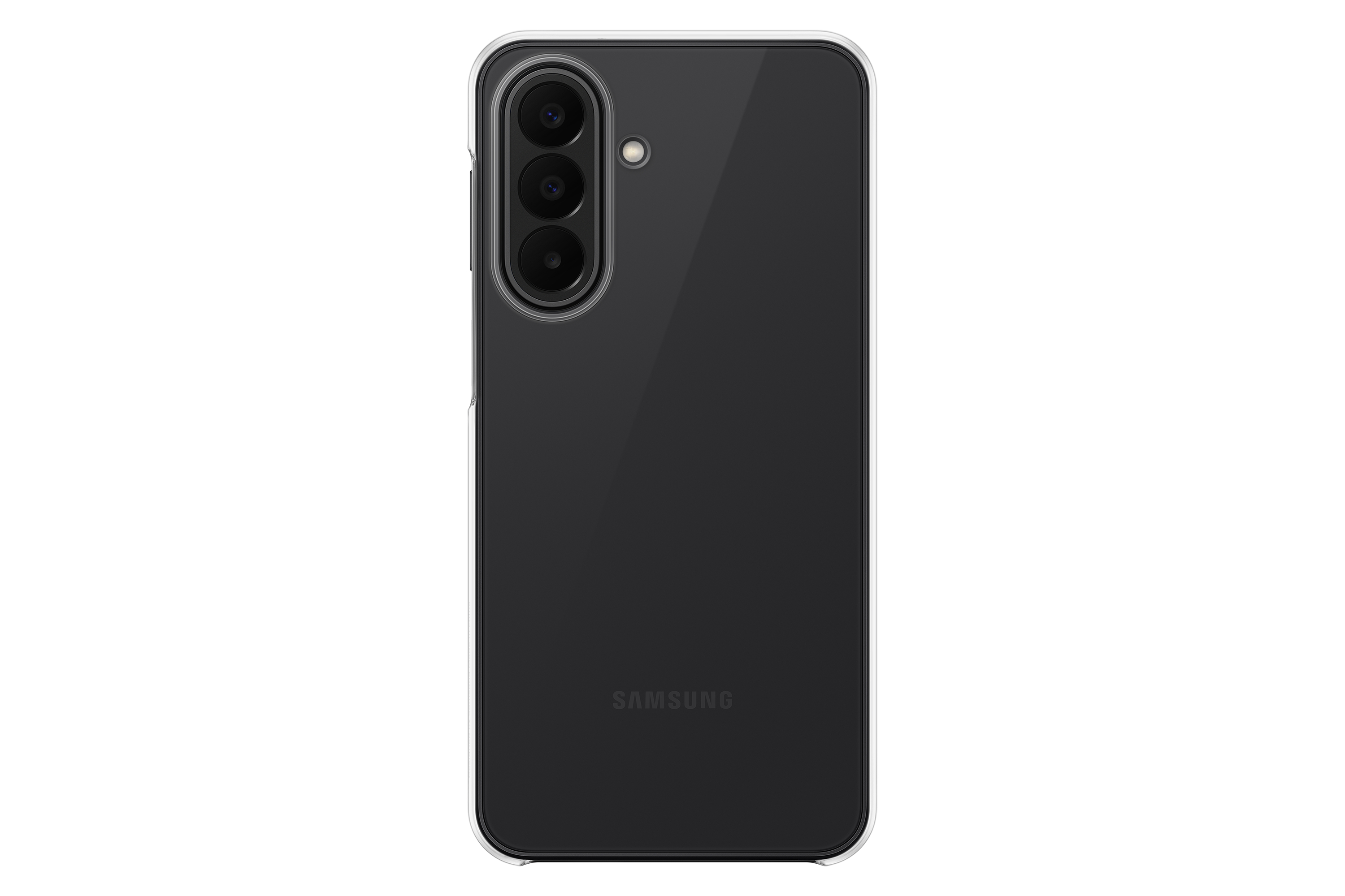 Rückseite eines transparenten Samsung-Handys mit drei Kameralinsen und Blitz.