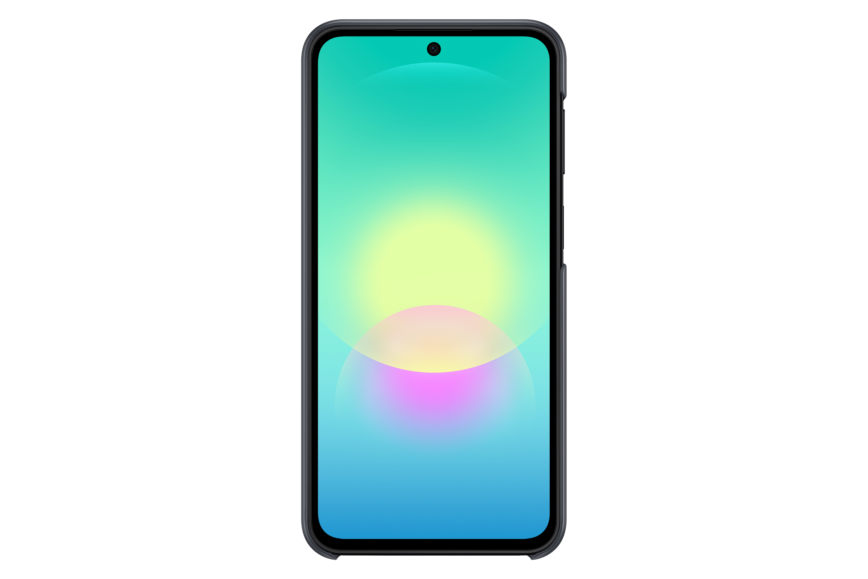Ein schwarzes Smartphone mit einem Farbverlauf-Hintergrund in Türkis, Gelb und Blau.