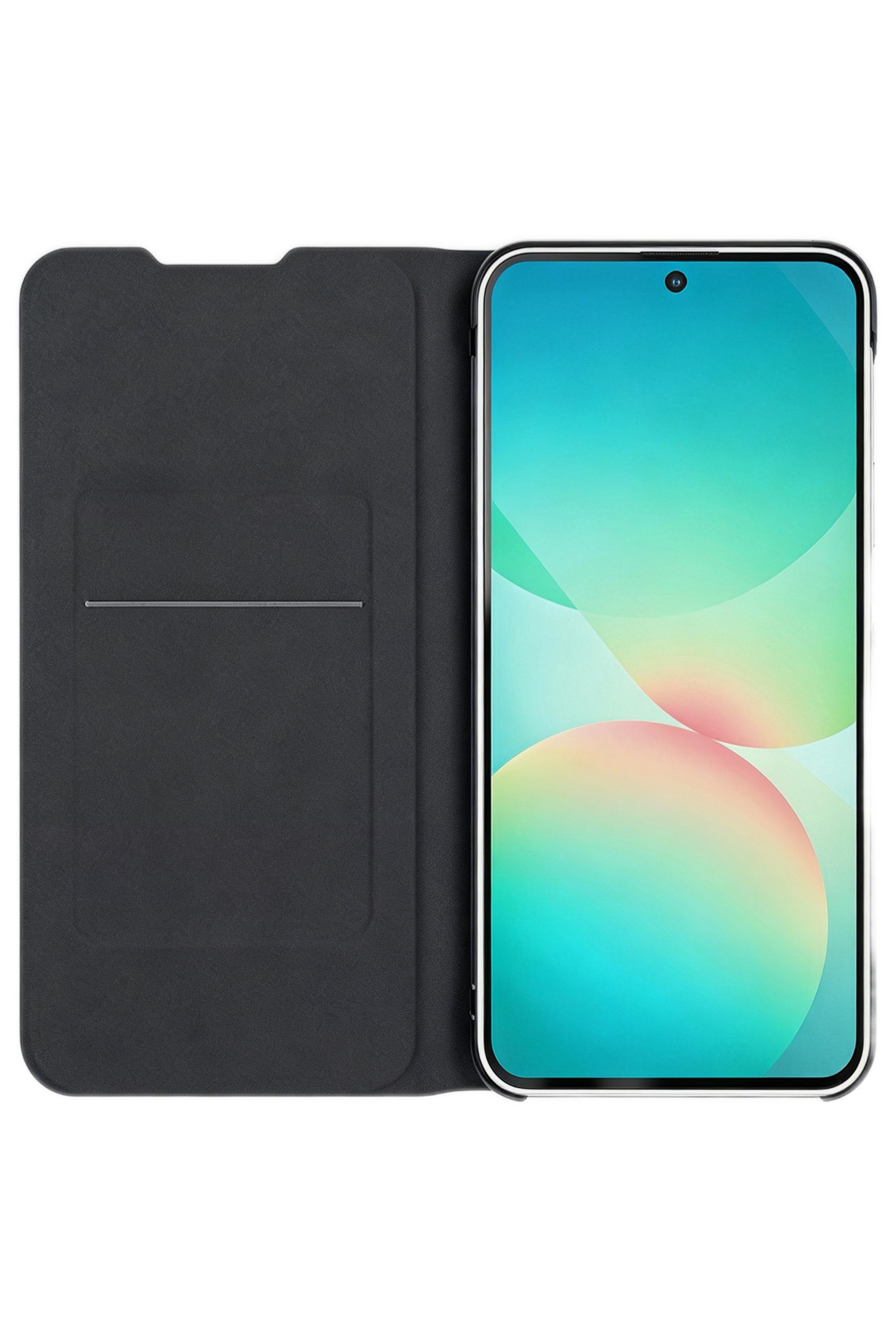 Schwarze Handyhülle mit einer geöffneten Klappe, die ein Smartphone mit buntem Hintergrund zeigt.