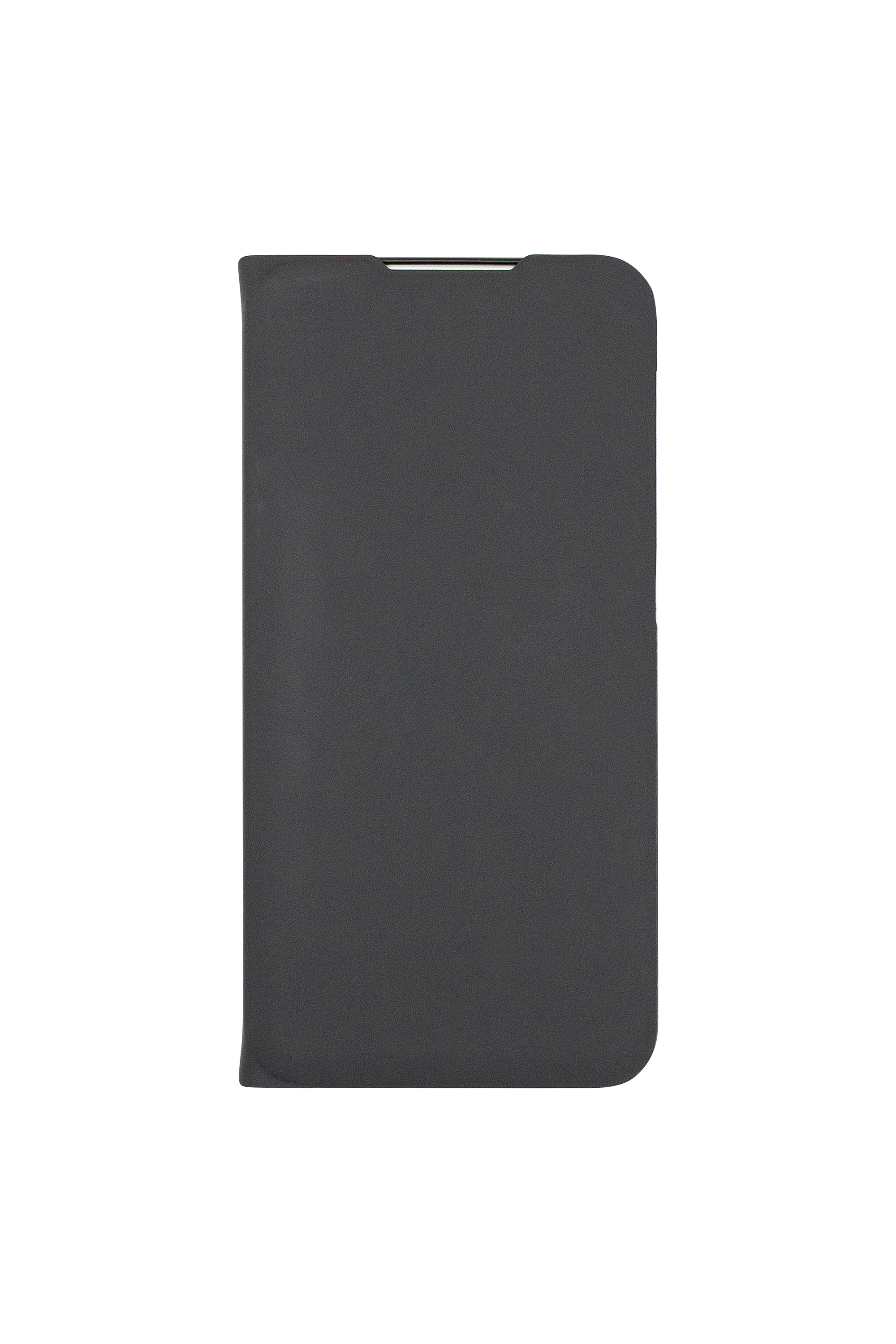 Ein geschlossenes graues Handycover auf weißem Hintergrund.
