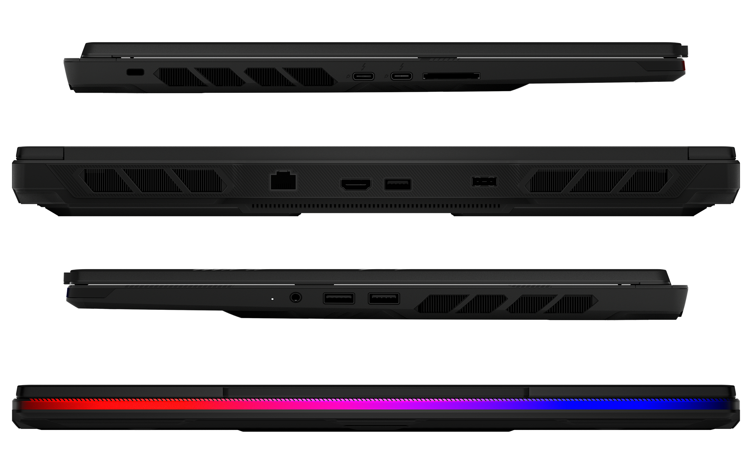 Schwarzer Laptop: Seitenansichten zeigen Anschlüsse und RGB-Beleuchtung.