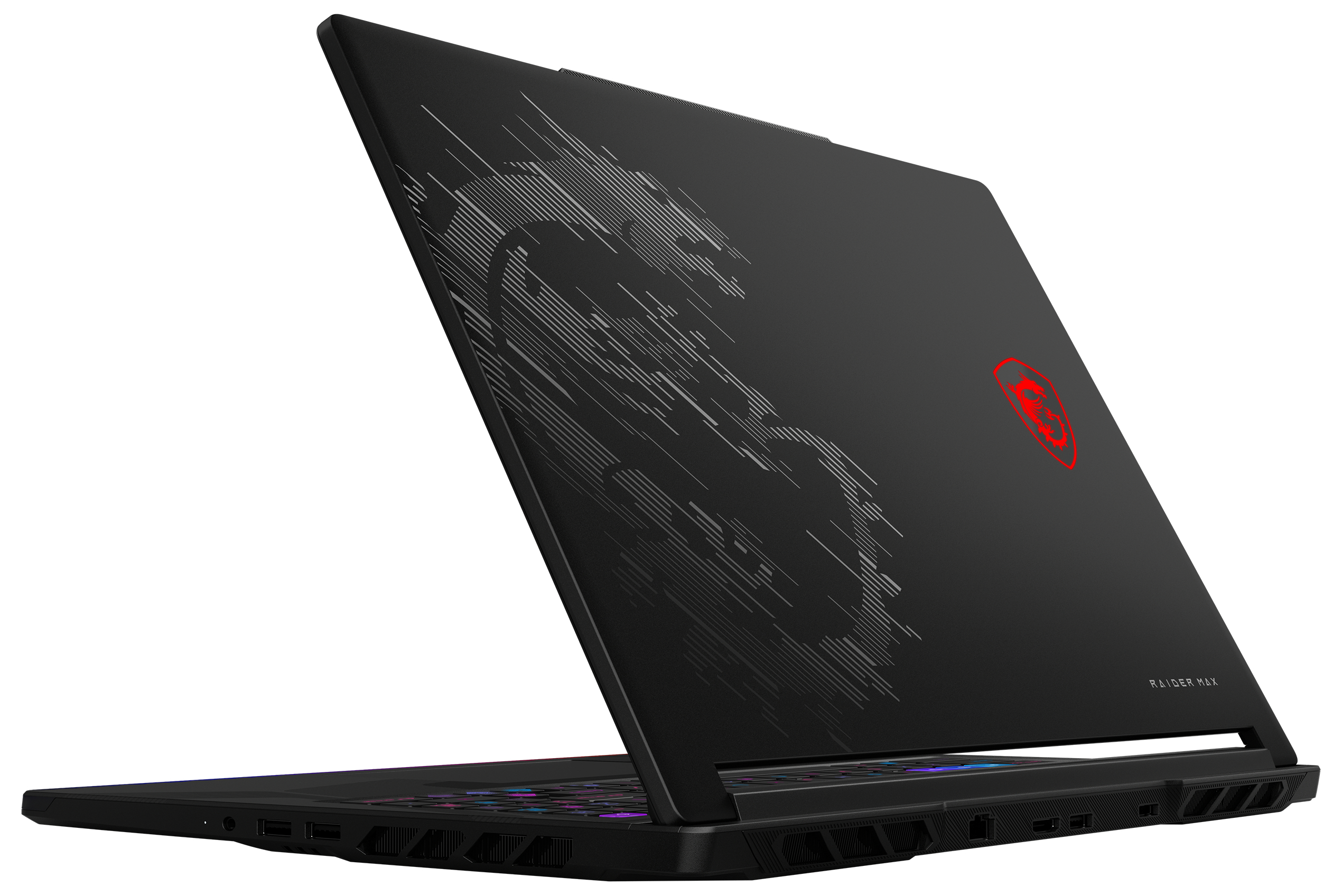 Schwarzer MSI Raider Max Laptop mit Drachenlogo und beleuchteter Tastatur.