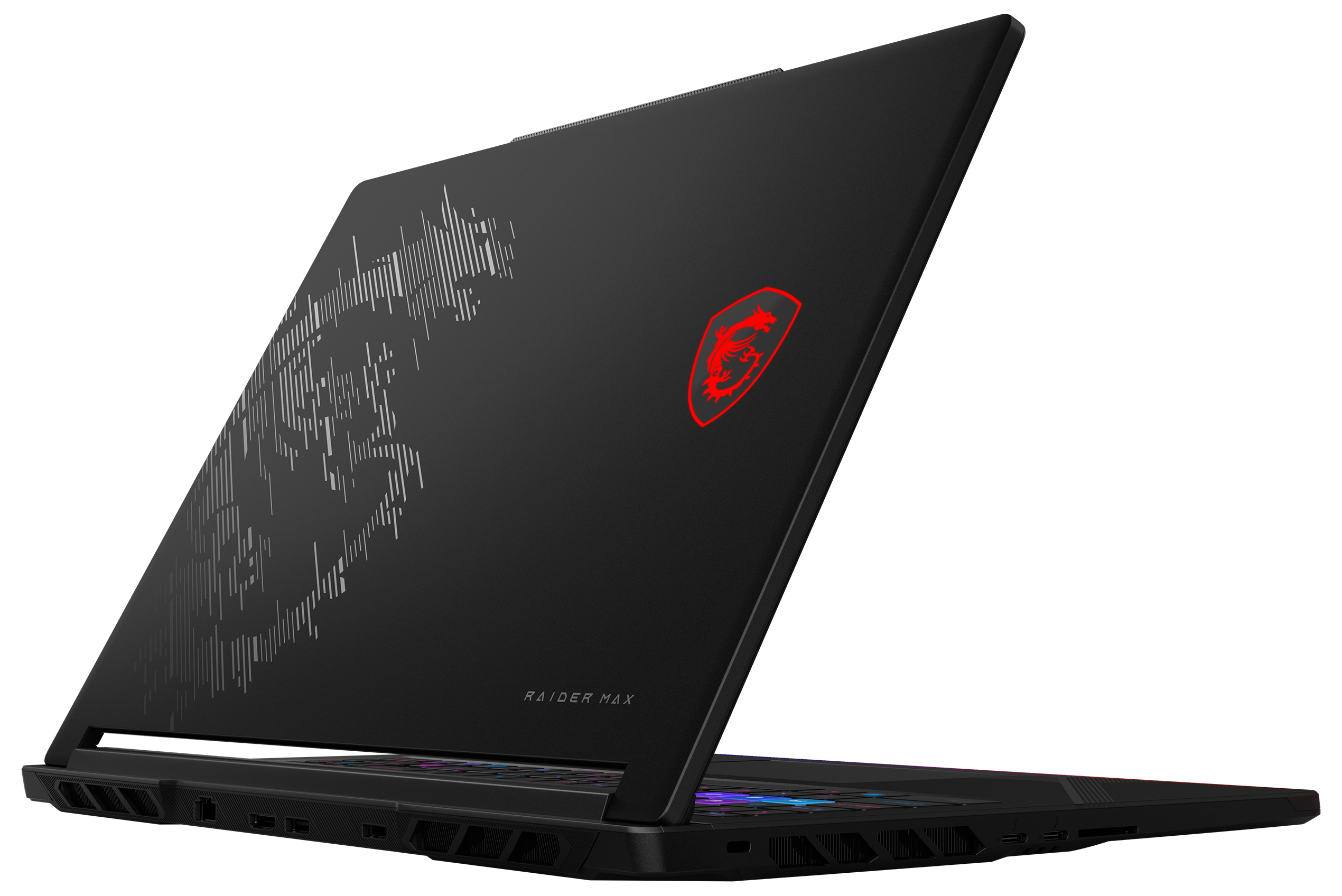 Schwarzer MSI Gaming-Laptop mit rotem Drachenlogo und Tastaturbeleuchtung.