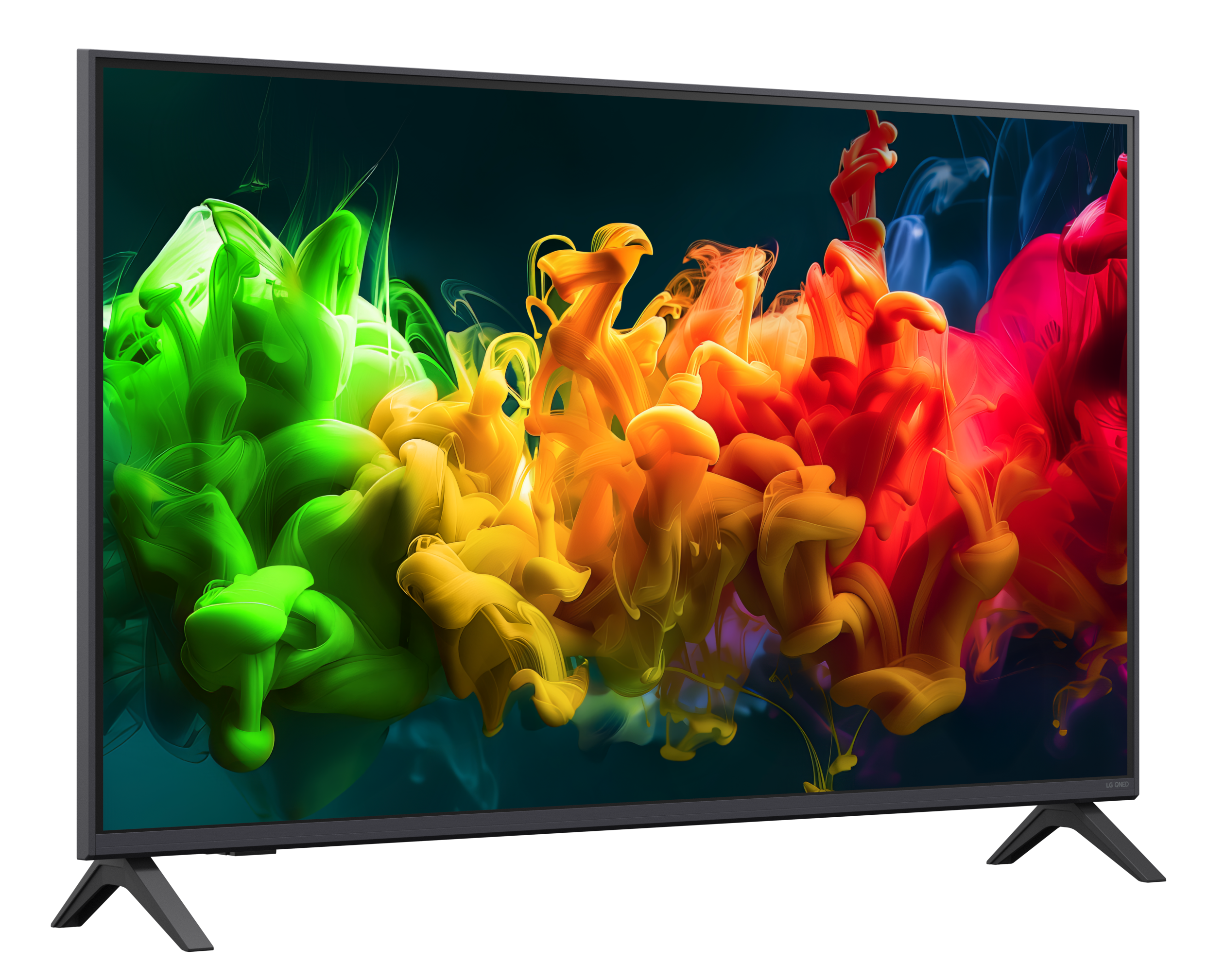 Telewizor LG QNED wyświetla kolorowe chmury dymu w odcieniach zieleni, żółci i czerwieni.