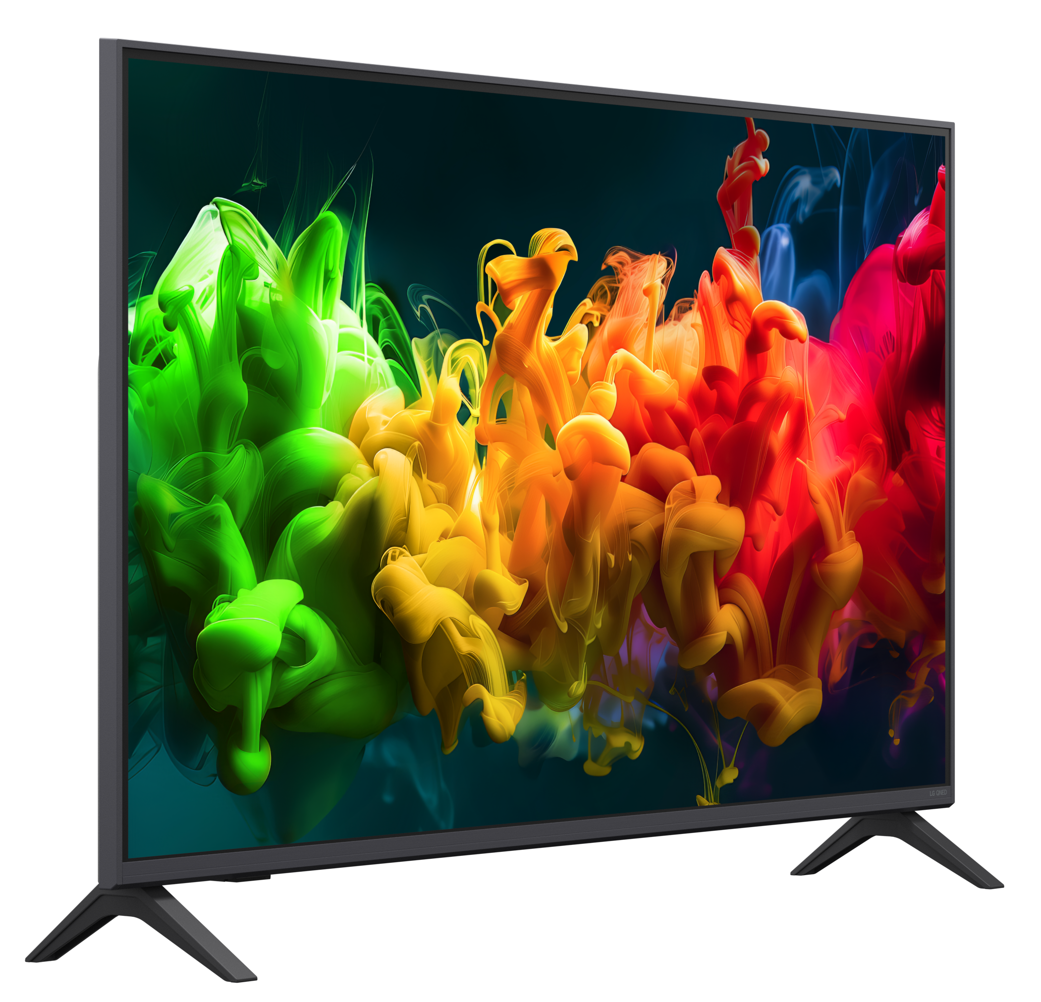 Telewizor z płaskim ekranem wyświetla żywe zielone, żółte i czerwone chmury tuszu na ciemnym tle.