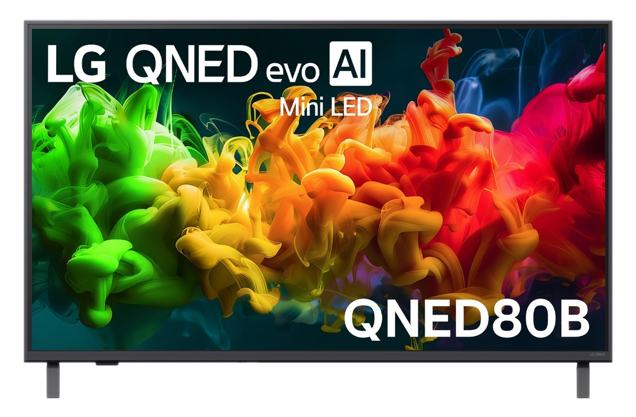 Telewizor LG QNED evo AI Mini LED z kolorowymi obłokami dymu i napisem QNED80B.