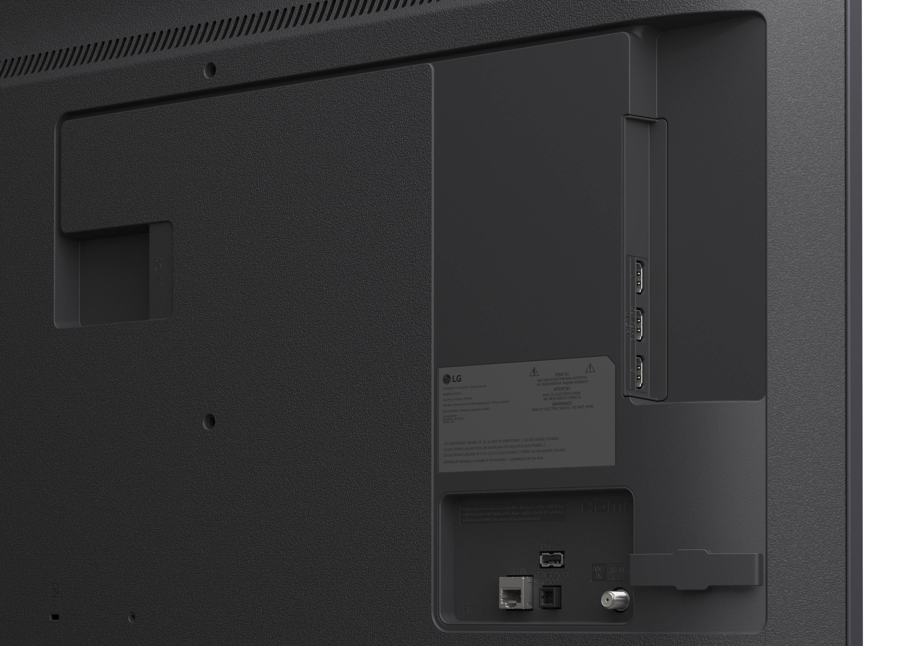 Tył czarnego telewizora z portami: HDMI, USB, LAN, Optyczny, Antena.