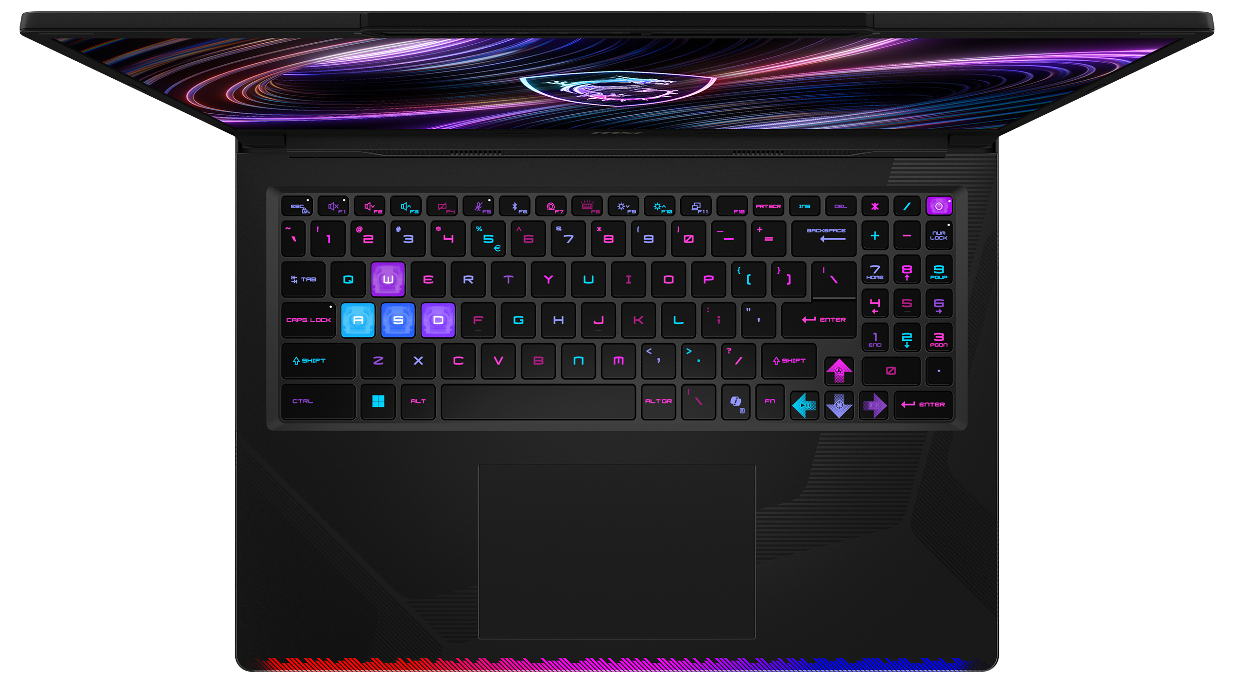 Ein geöffneter schwarzer Laptop mit beleuchteter Tastatur und buntem Bildschirmhintergrund.