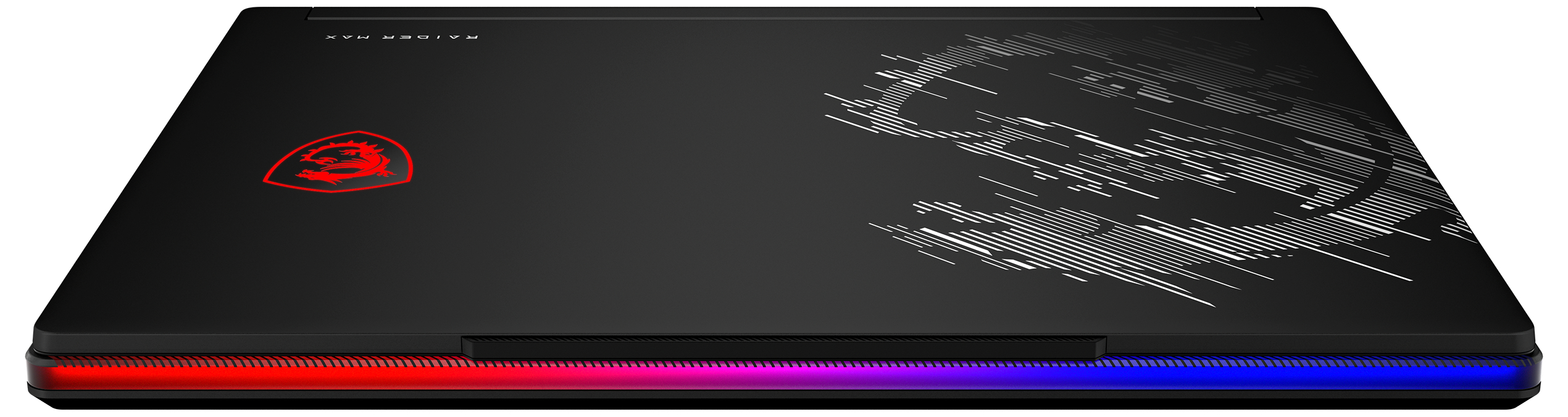 Schwarzer Laptop mit rotem Drachenlogo, Schriftzug 'RAIDER MAX' & RGB-Beleuchtung.