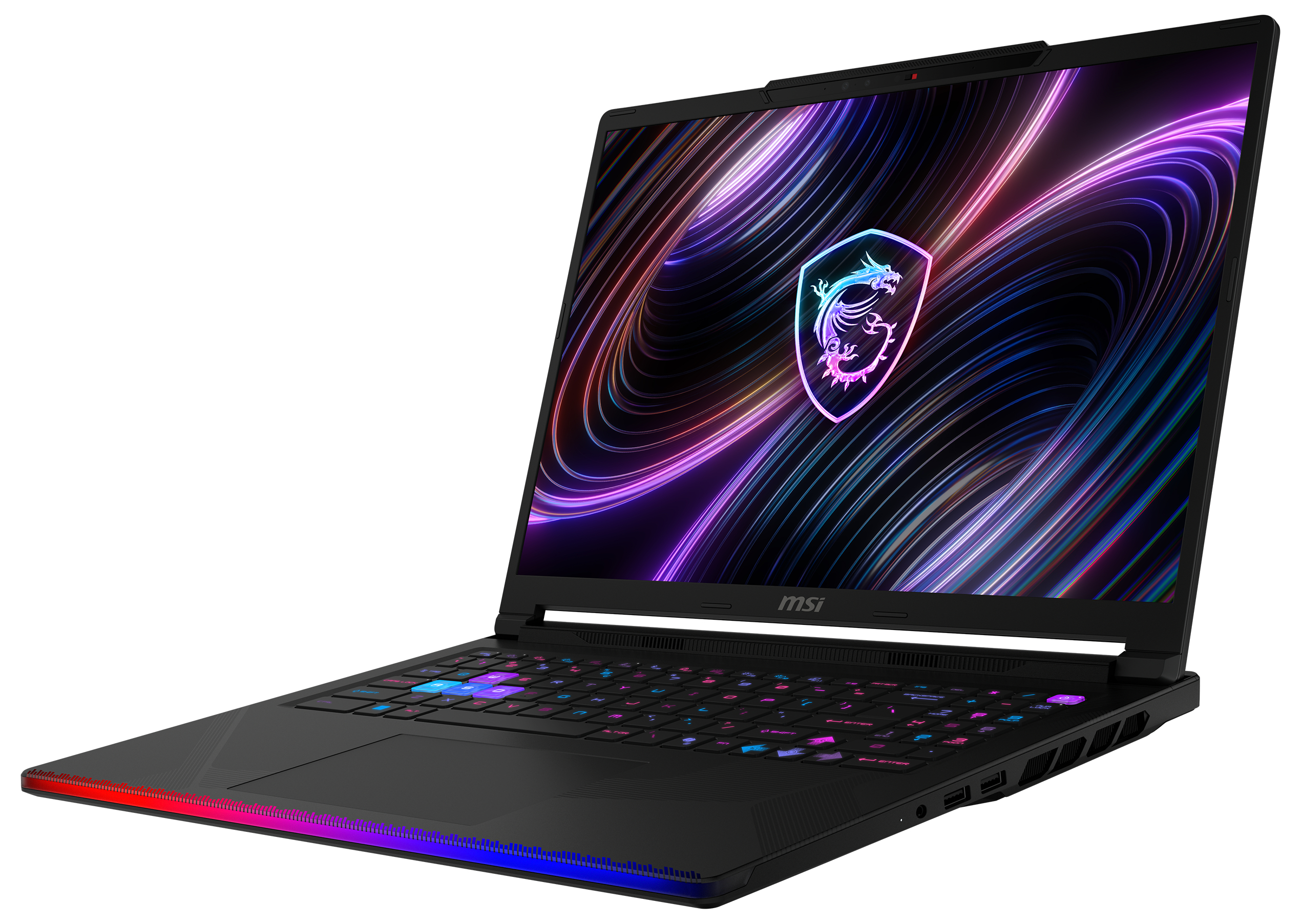 Schwarzer Laptop mit leuchtendem MSI-Logo und Tastatur. Bunte Lichter vorne.