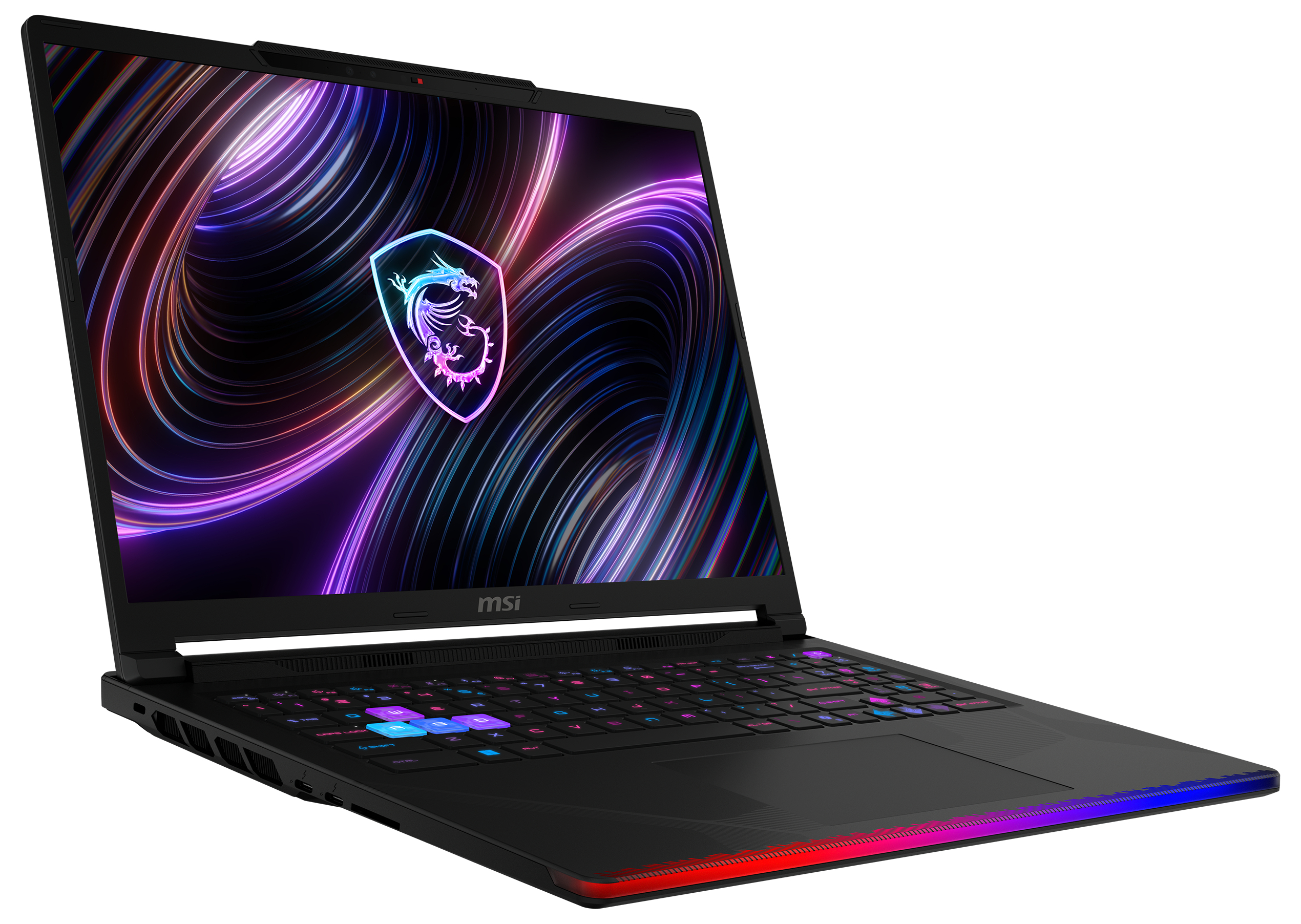 Ein schwarzer MSI-Laptop mit beleuchteter Tastatur und MSI-Drachenlogo auf dem Bildschirm.