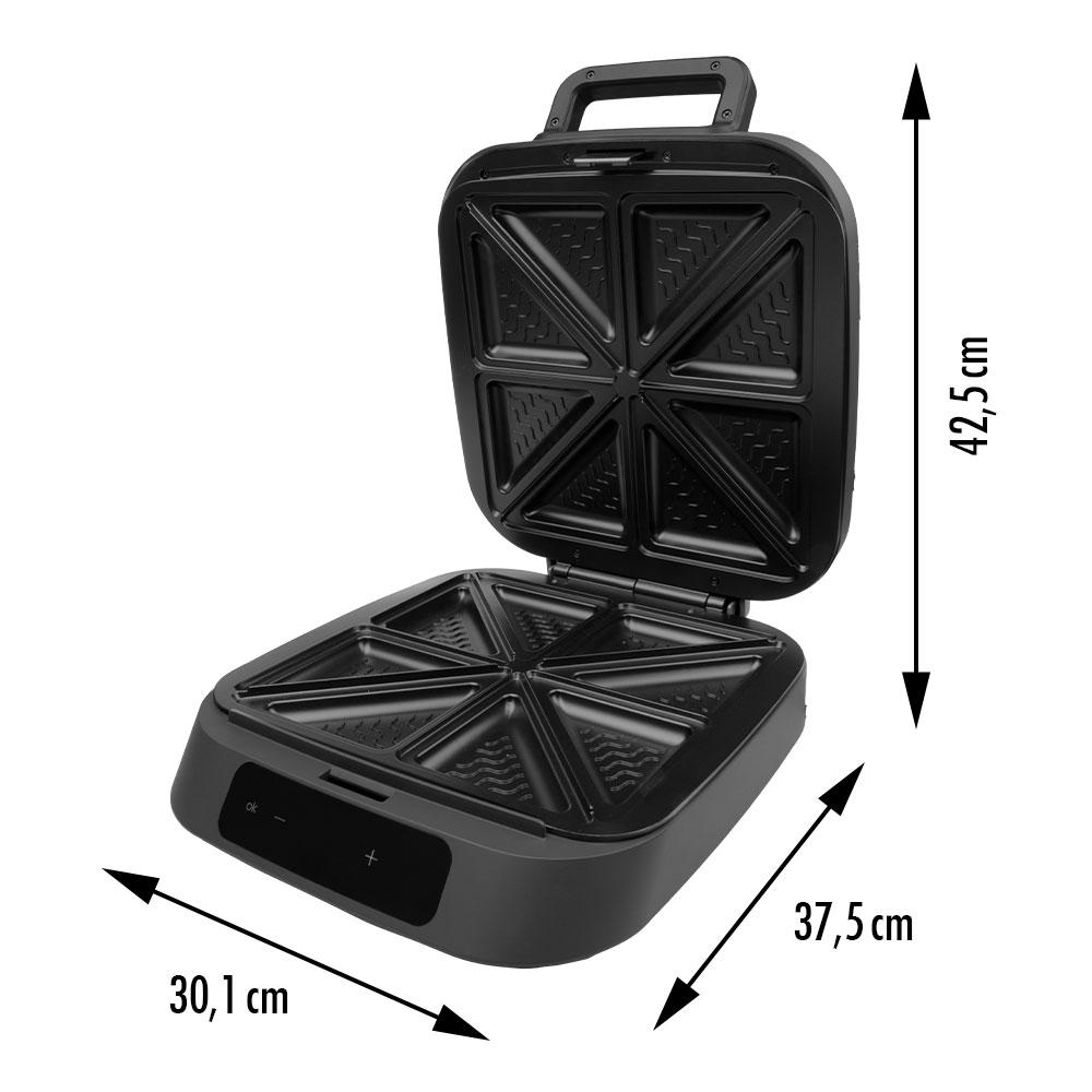 Schwarzer Sandwichmaker mit geöffnetem Deckel, Maße 30,1 x 37,5 x 42,5 cm.