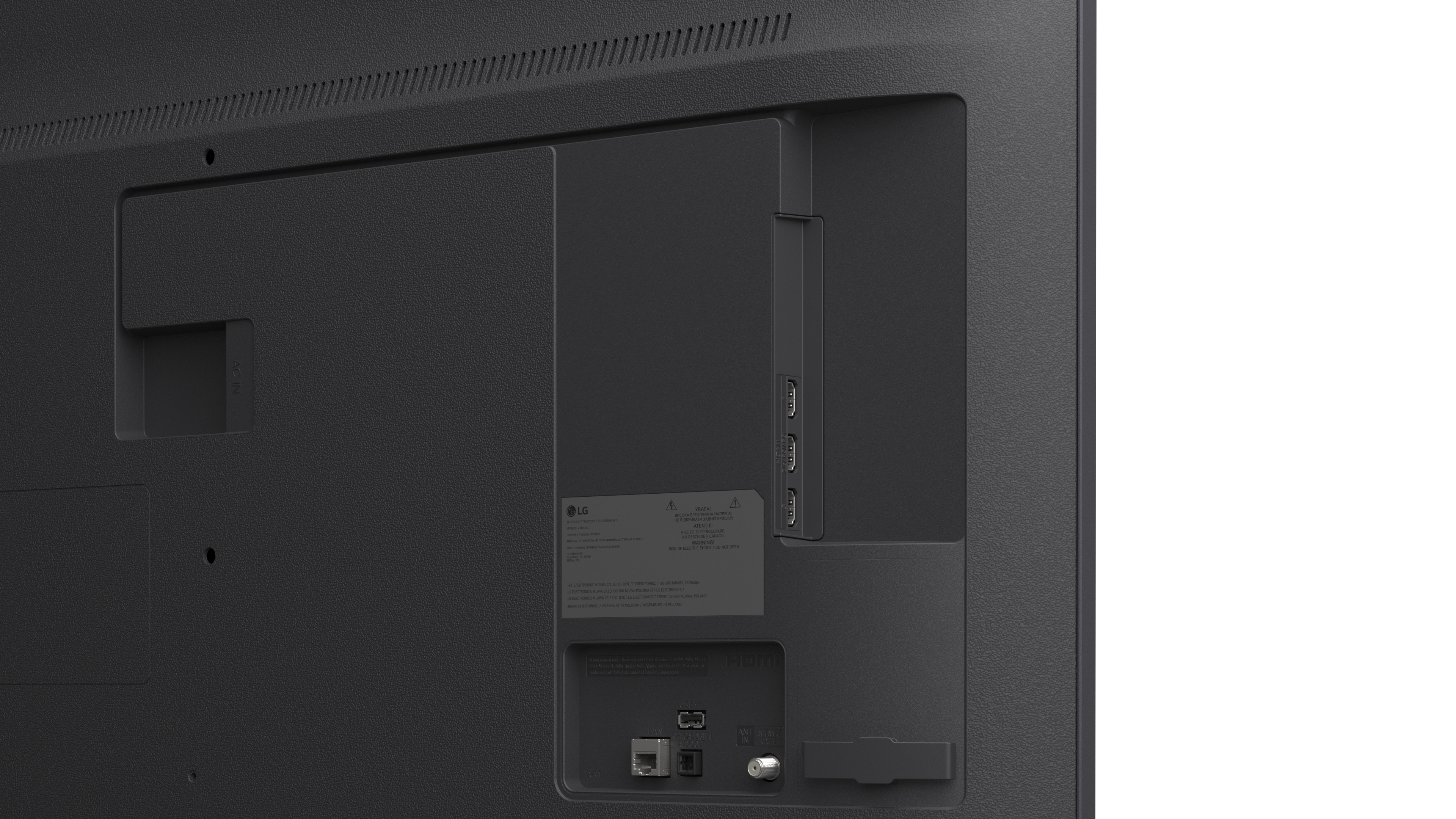 Tył telewizora z portami: AC IN, HDMI, USB, LAN, Antena.