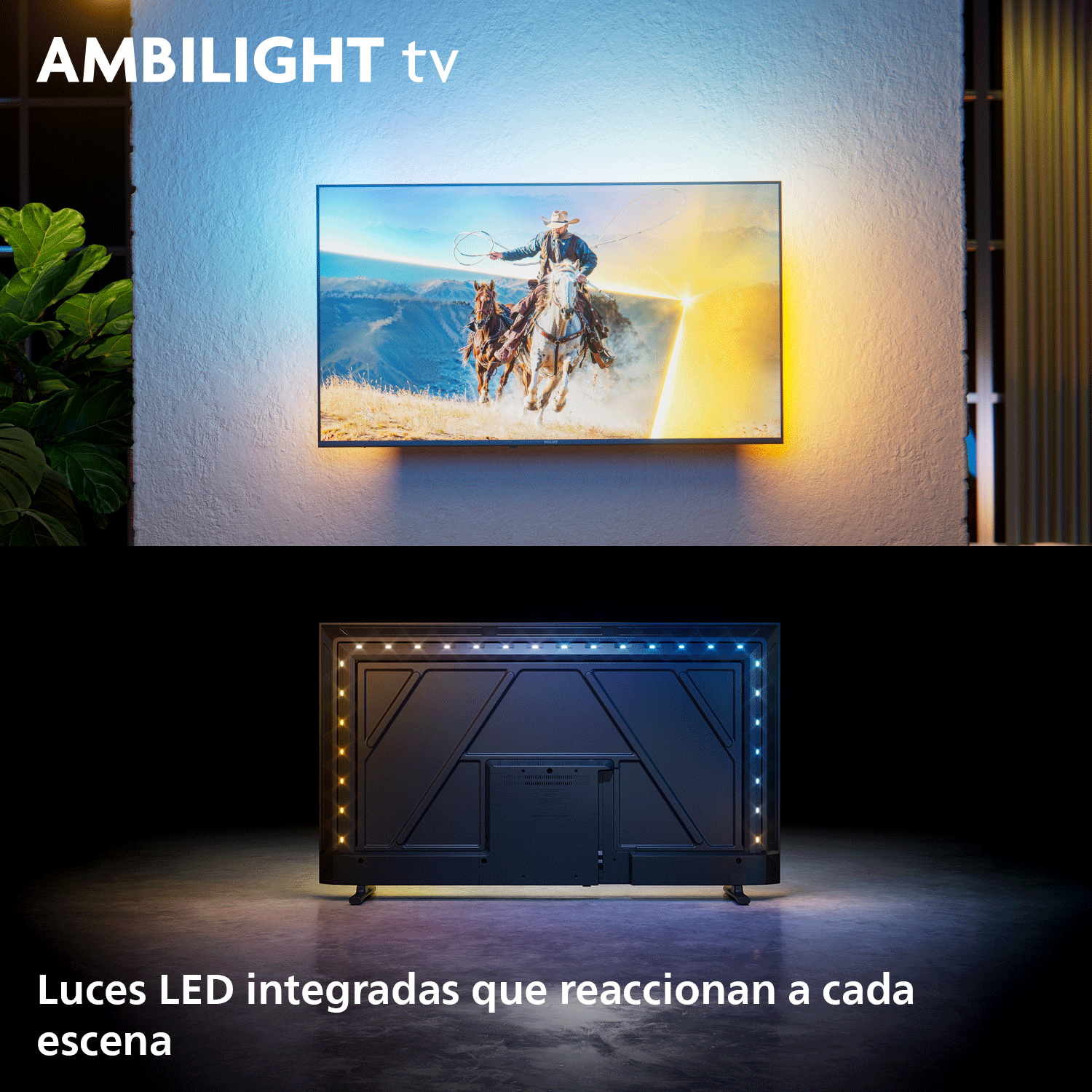 Un televisor con tiras LED iluminadas que se reflejan en la pared.
