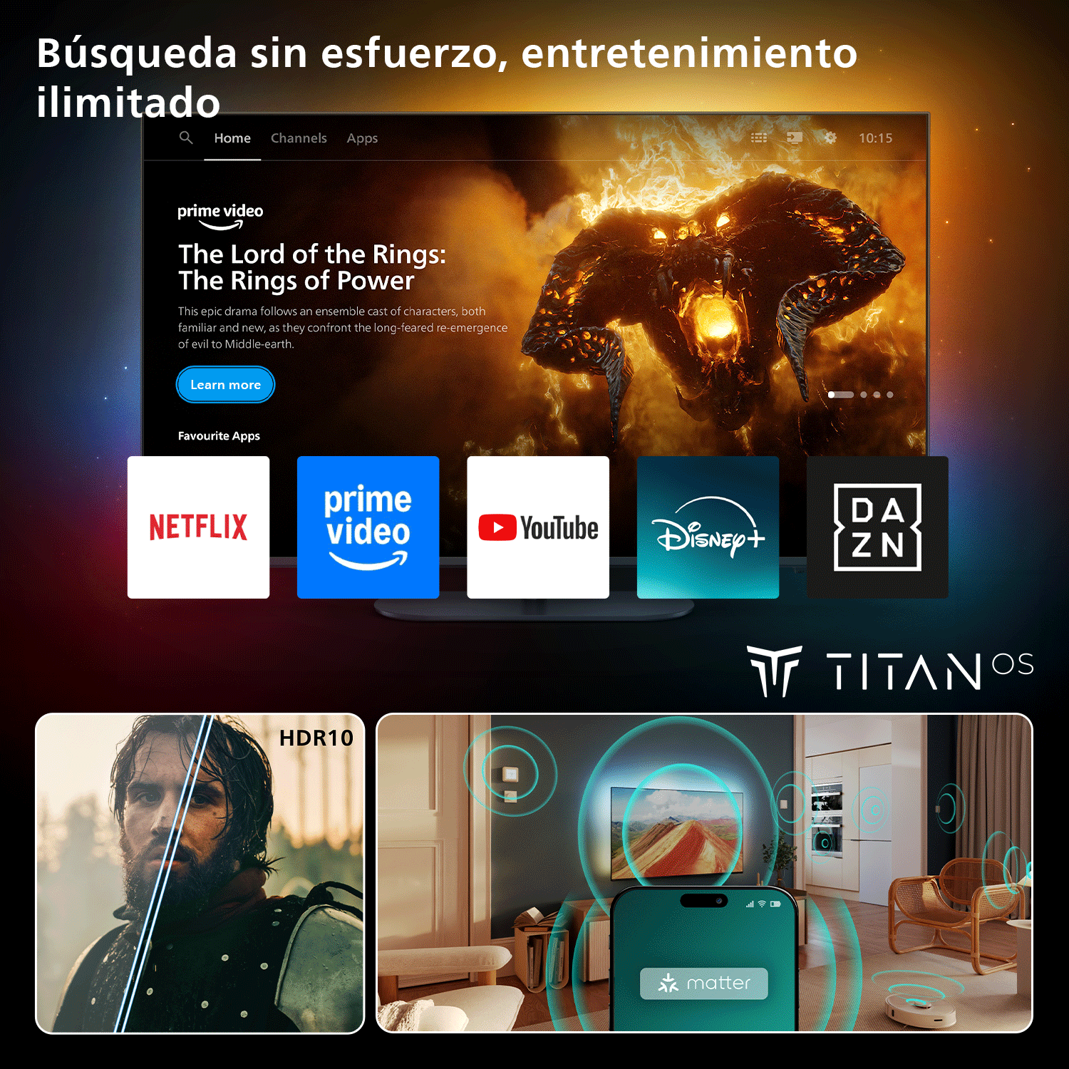 Búsqueda sin esfuerzo, entretenimiento ilimitado. Pantalla de TV con apps como Netflix, Prime Video, YouTube, Disney+.