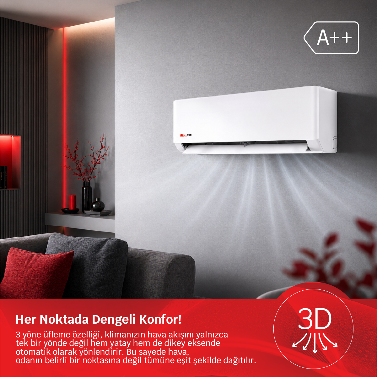 Gri duvarda hava akımlı ve A++ dereceli beyaz klima ünitesi.