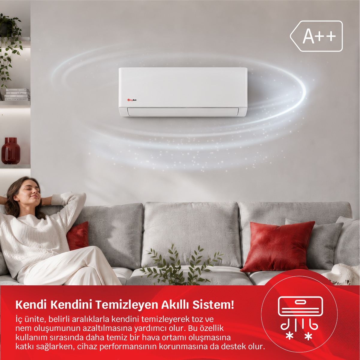 Bir kadın koltukta dinlenirken, klima duvarda süzülüyor.
