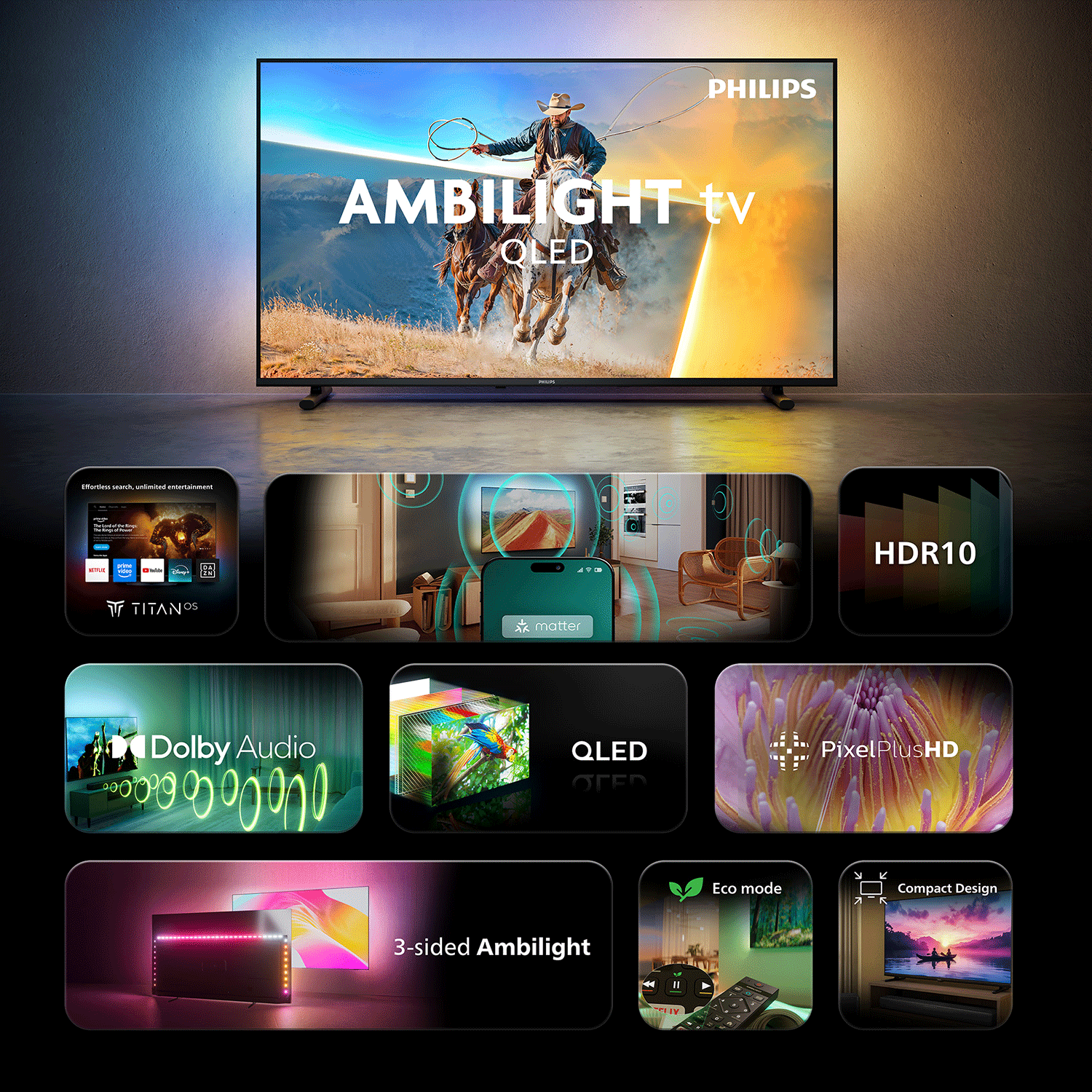 TV Philips Ambilight con QLED, HDR10, Dolby Audio, PixelPlusHD, Titan OS, modo Eco, Diseño Compacto.