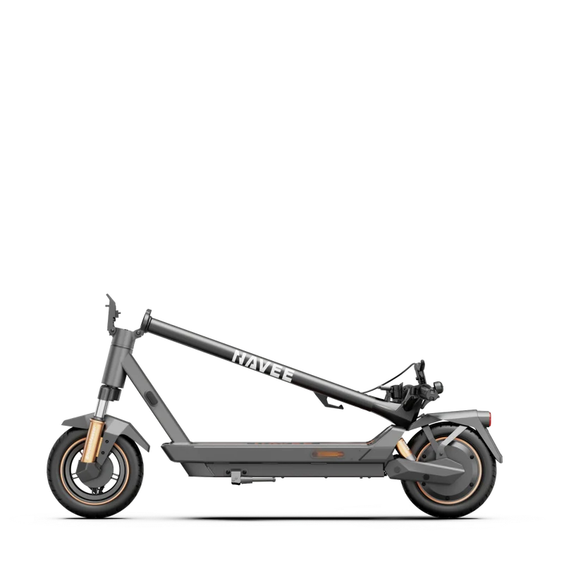 Ein grauer Elektroroller mit orangefarbenen Akzenten und dem Navii-Logo.