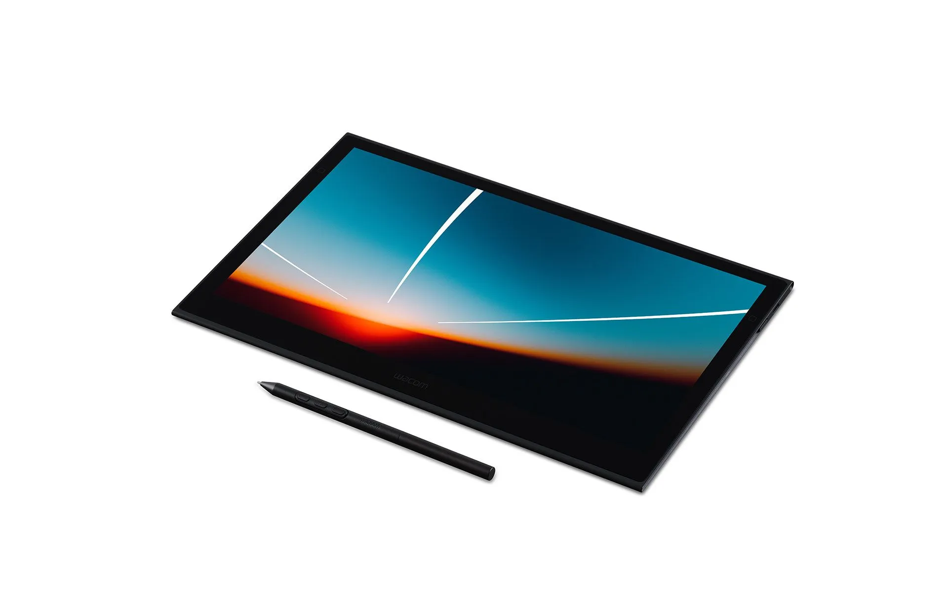 Egy fekete Wacom toll fekszik egy színes képernyővel ellátott fekete tablet mellett.