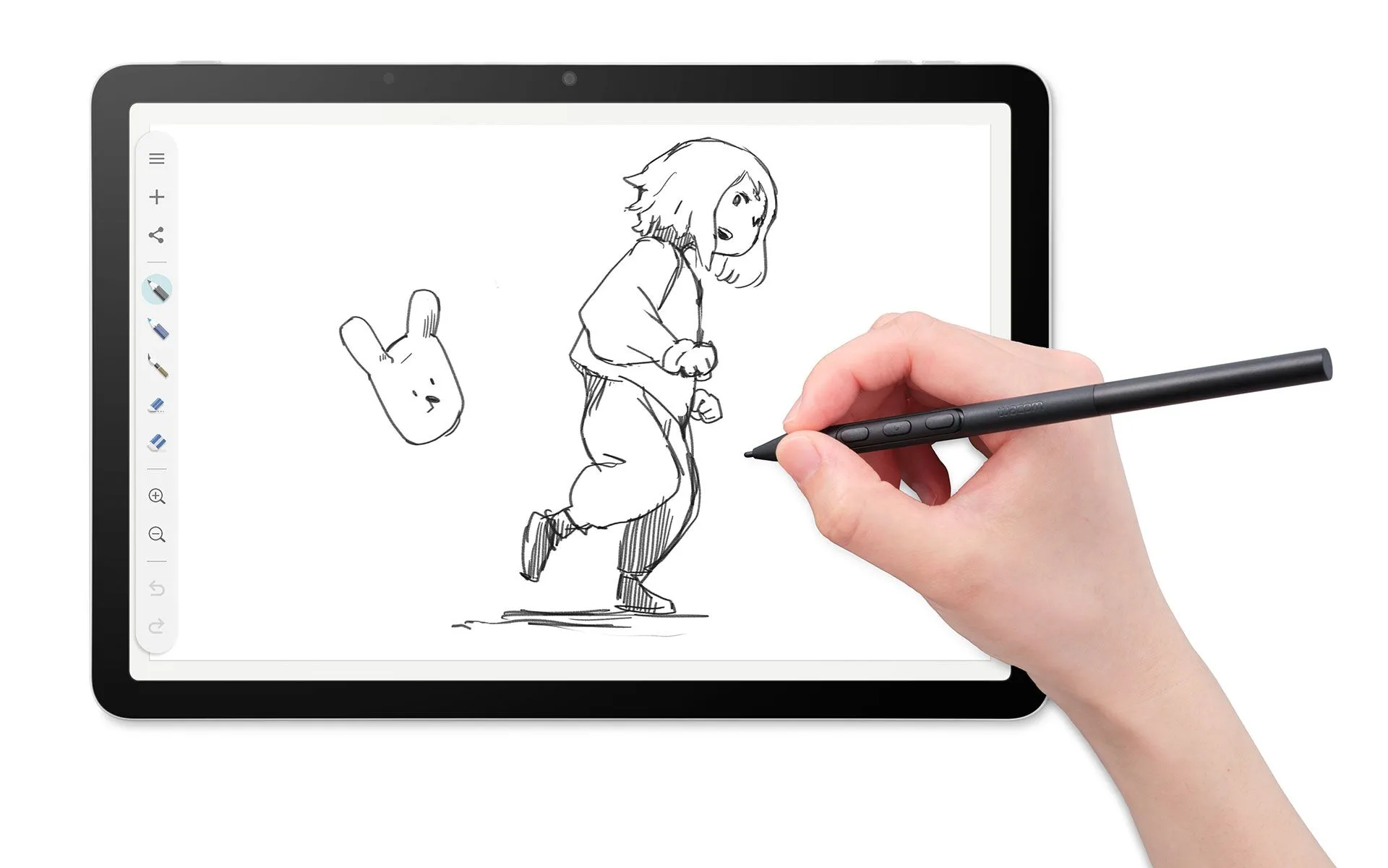 Egy kéz digitális tollat használ egy tablet rajzolásához.
