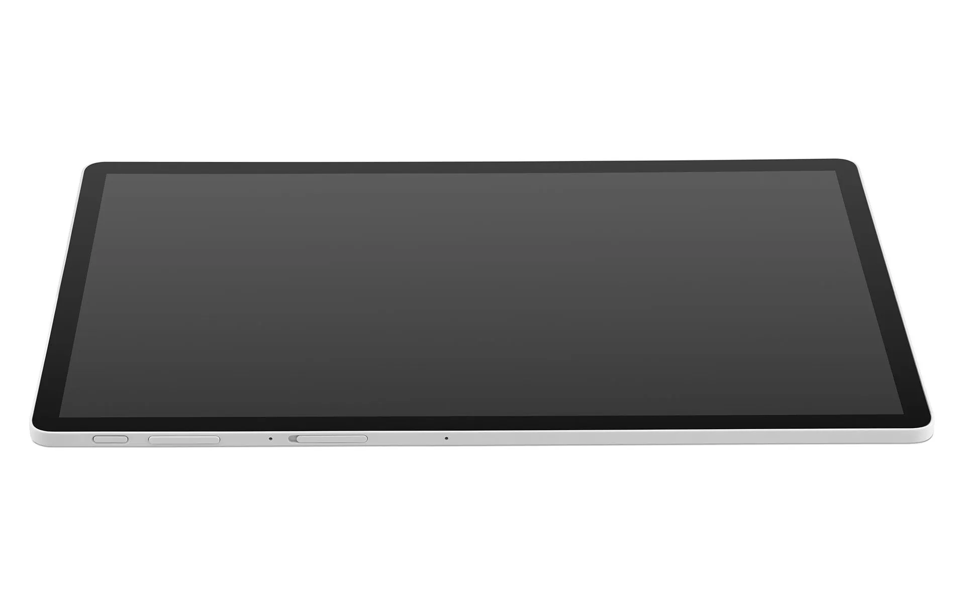 Ezüst tablet fekete képernyővel fehér háttéren.