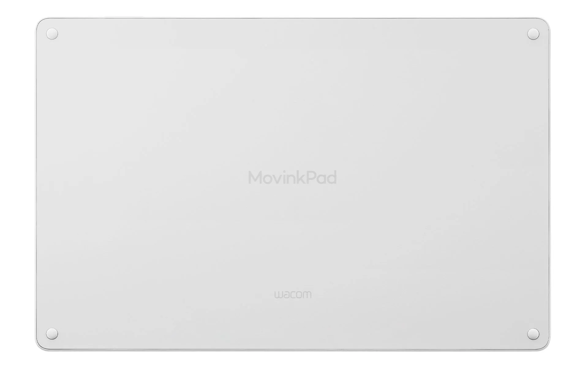 Fehér Wacom MovinkPad grafikus tábla hátlapja négy sarokgombbal.