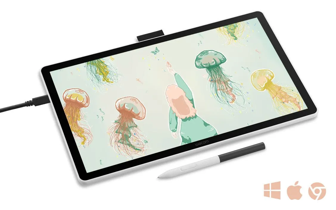 Egy lány nyúl a medúzák felé, amelyek egy Wacom táblagépen lebegnek egy ceruzával.