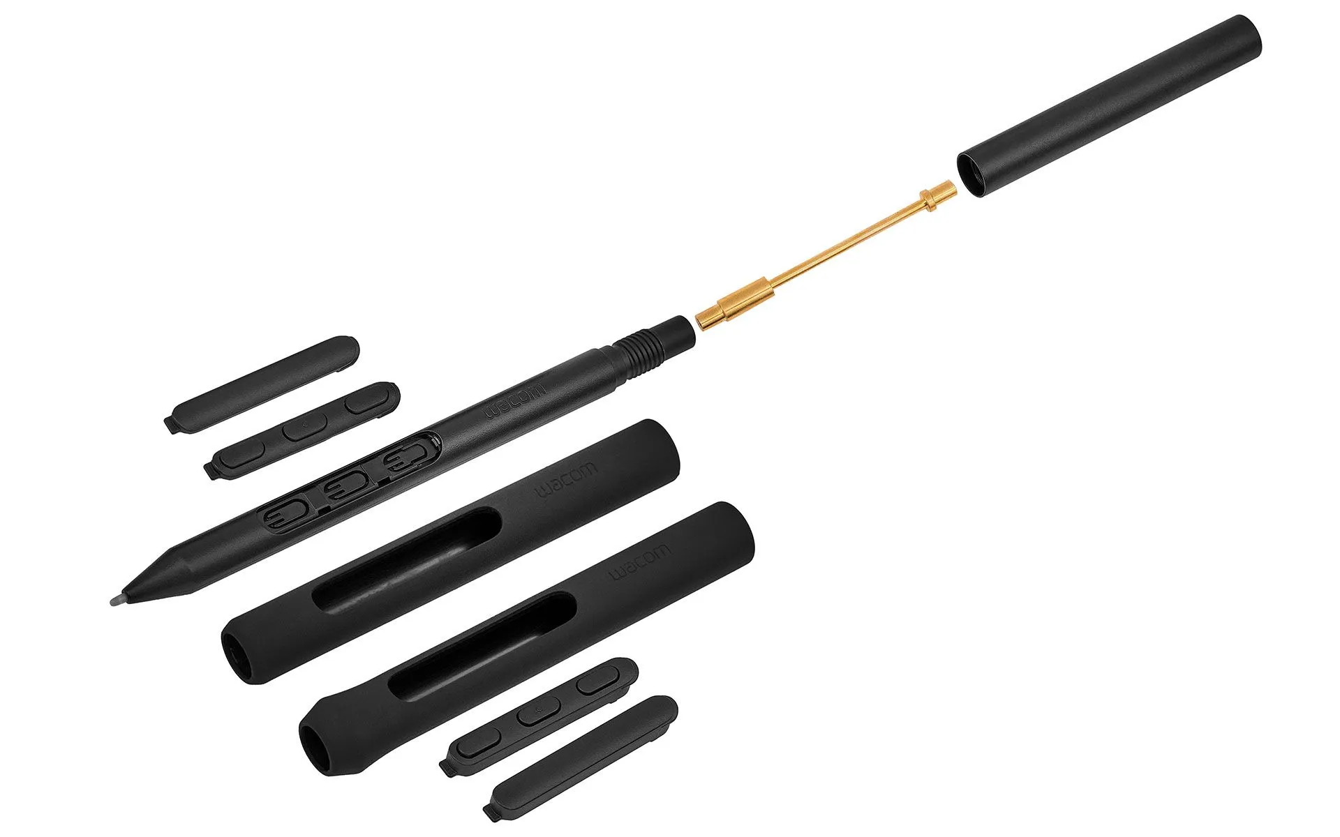 Egy Wacom toll pót alkatrészekkel, sapkákkal és tollmaggal.