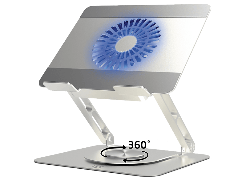 Soporte de refrigeración - ISY INH-1100, Con refrigerante, Rotación 360º, USB-C, Compatible con dispositivos 10" a 17.3", Plata