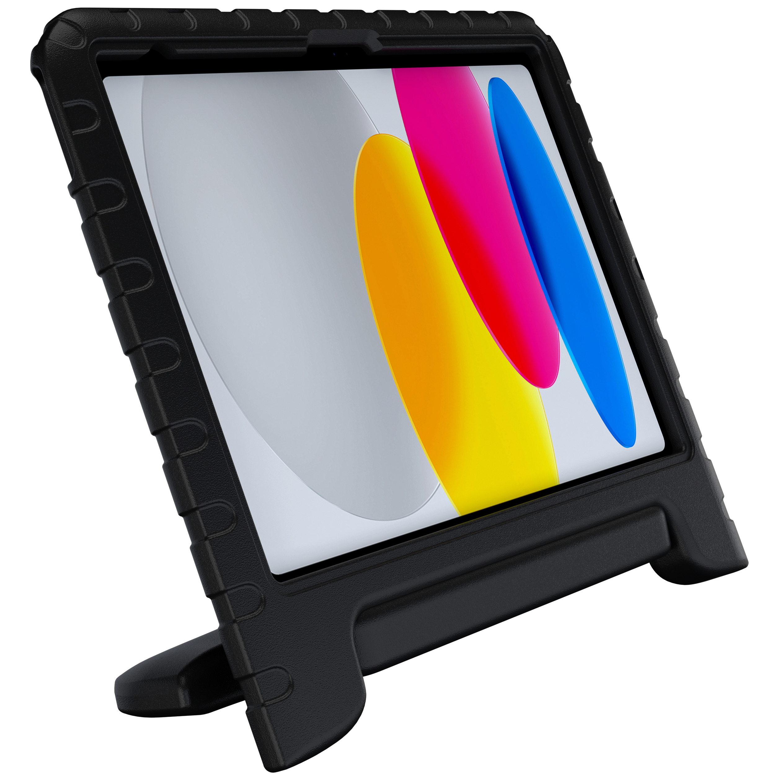 Schwarzes Tabletgehäuse mit integriertem Ständer, zeigt bunte Hintergrundgrafik.