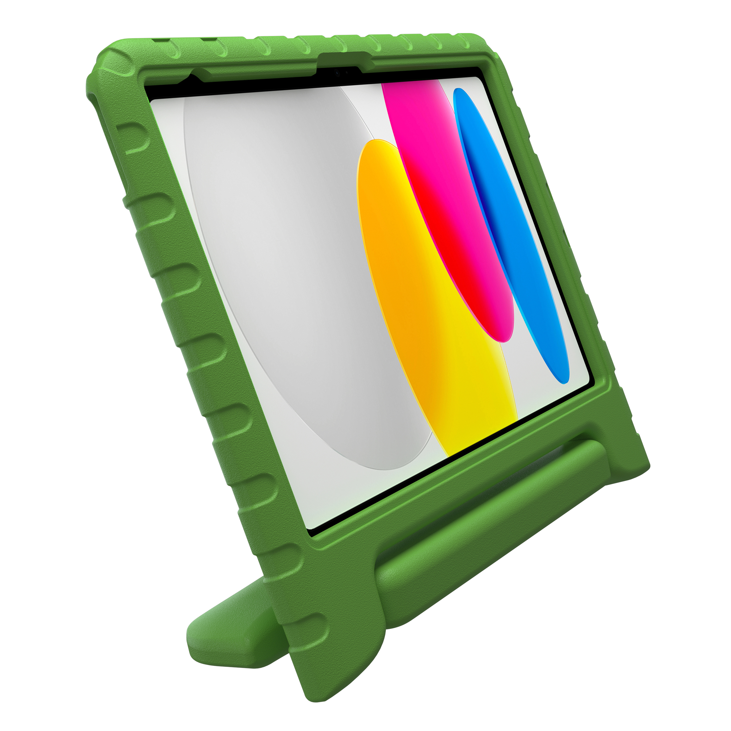 Grünes Tablet-Schutzgehäuse mit Ständer und farbigem Bildschirm.