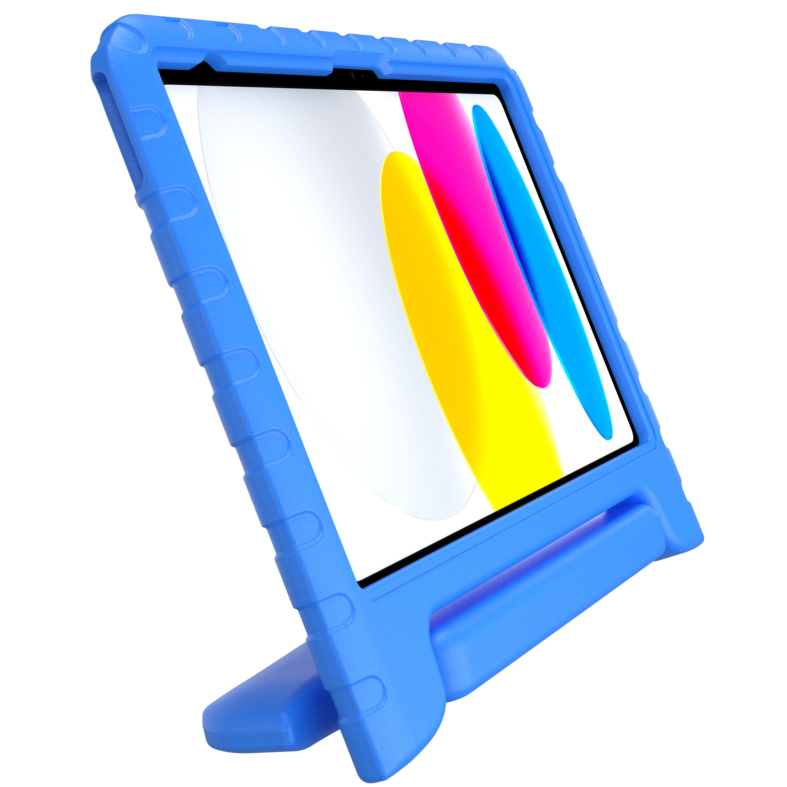 Ein blaues Tablet in einer Schutzhülle mit integriertem Ständer, das auf einem weißen Hintergrund steht.