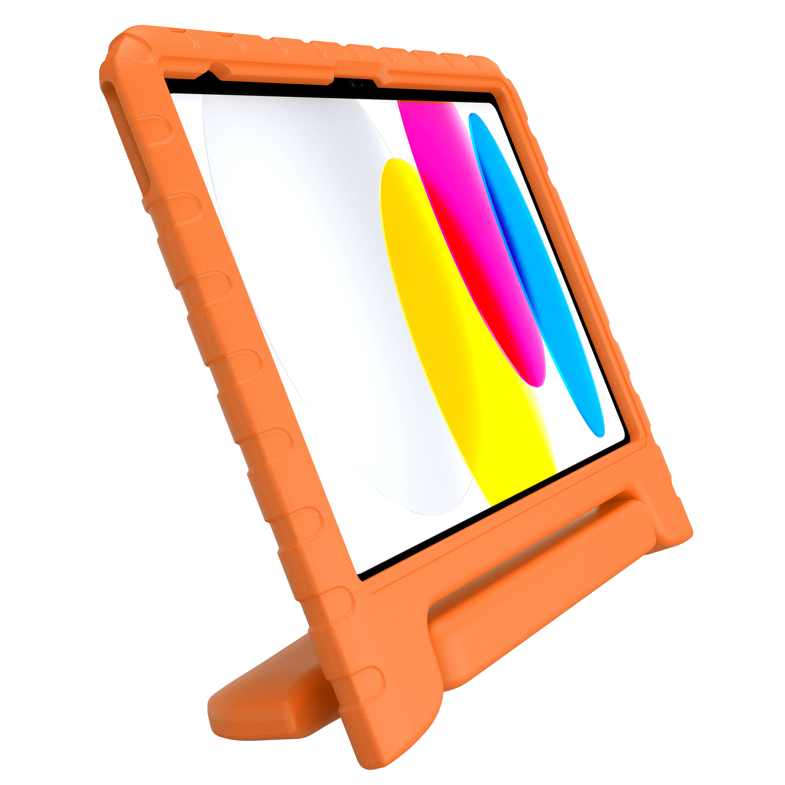 Ein orangefarbenes Tablet mit Ständer und einem bunten Bildschirmhintergrund.