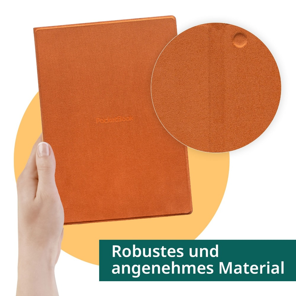 Eine Hand hält ein orangefarbenes E-Book-Lesegerät mit einer Nahaufnahme des Materials.